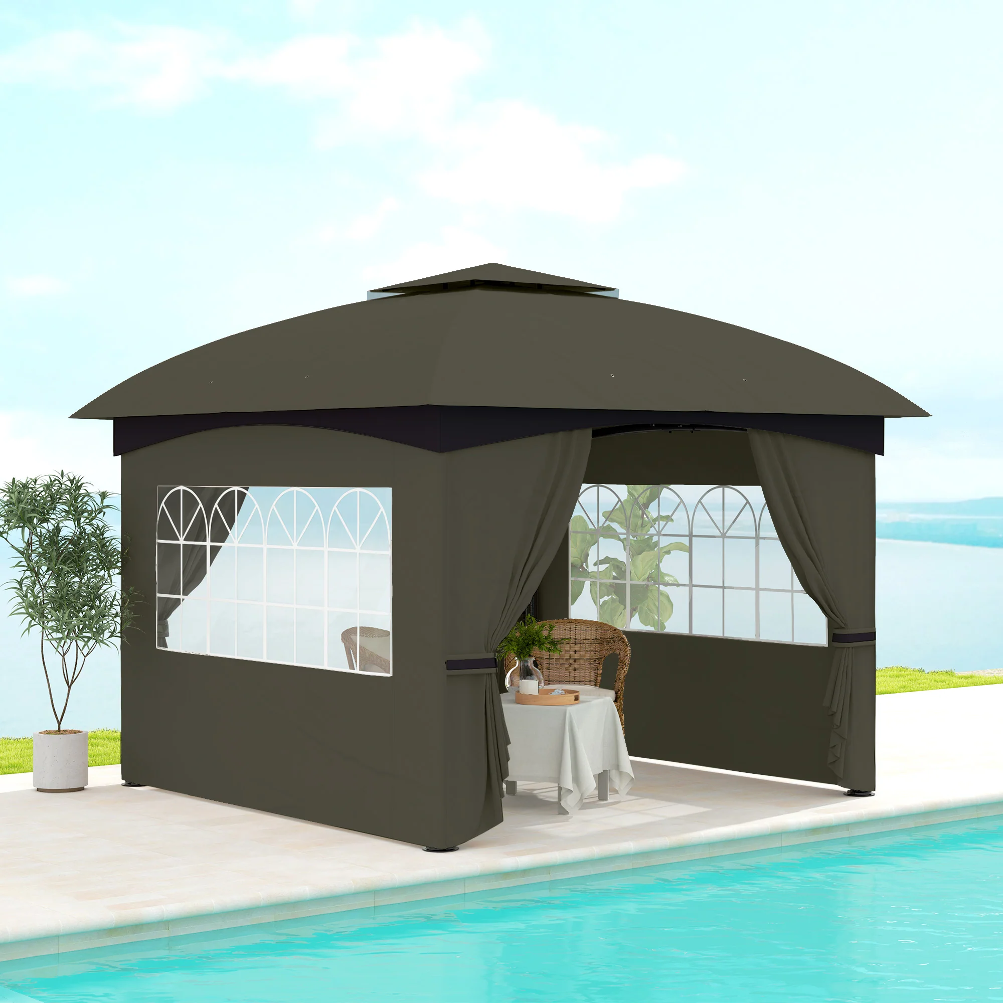 11' x 11' Double Roof Patio Gazebo with Church Windows, Steel Frame, Dark Gray - Image 4