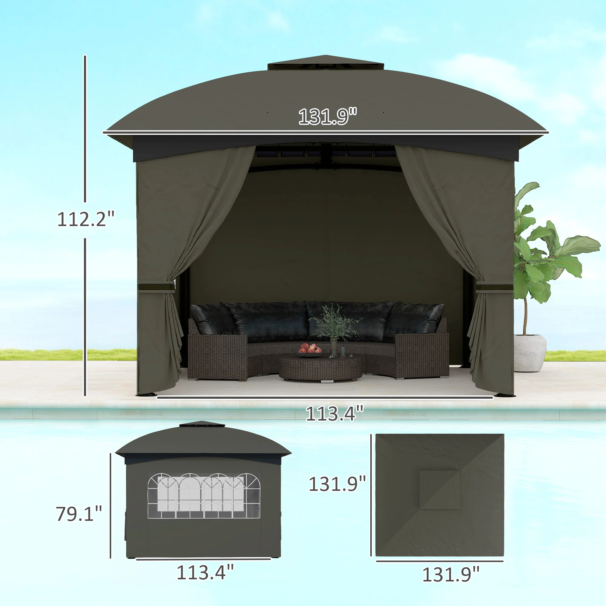 11' x 11' Double Roof Patio Gazebo with Church Windows, Steel Frame, Dark Gray - Image 5
