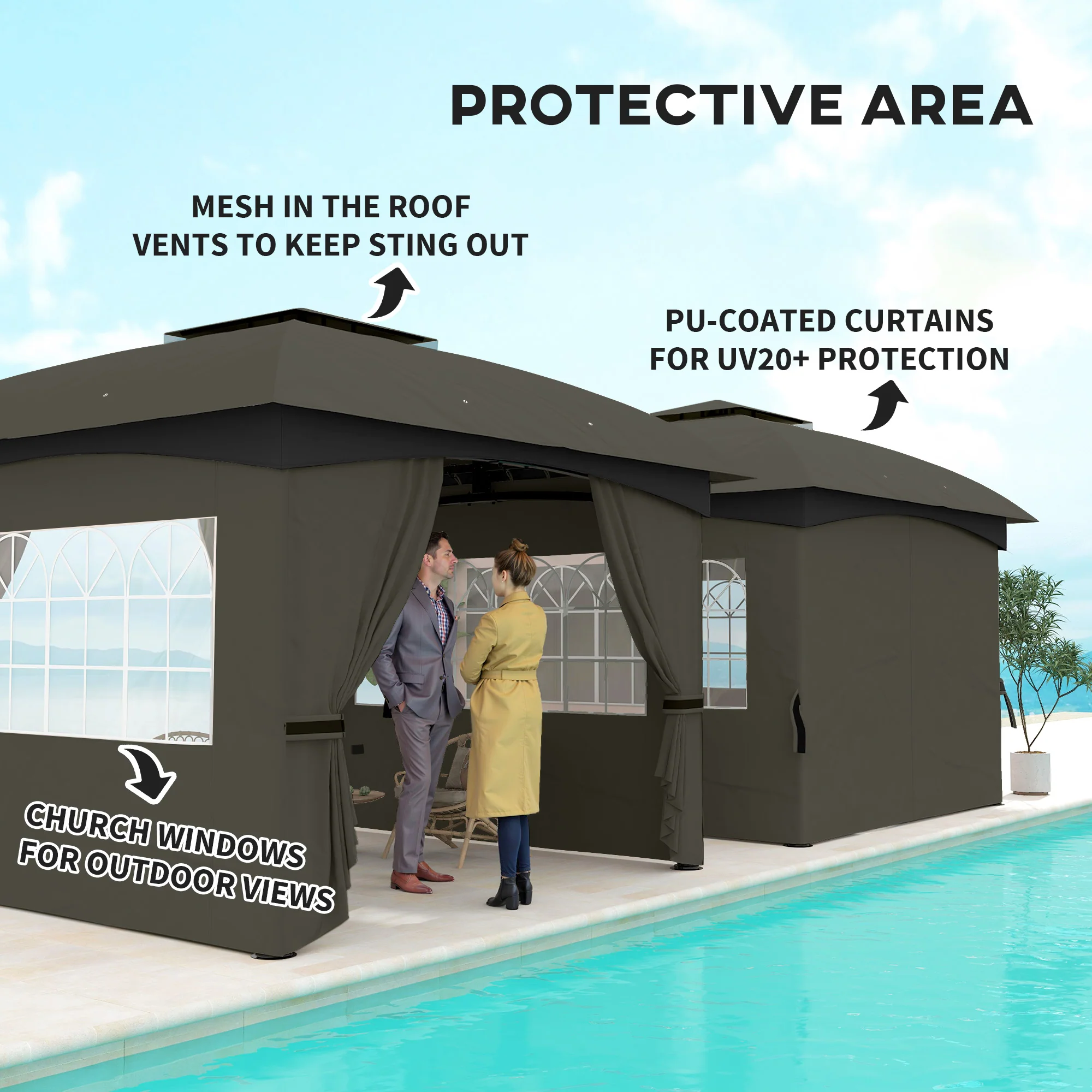 11' x 11' Double Roof Patio Gazebo with Church Windows, Steel Frame, Dark Gray - Image 7