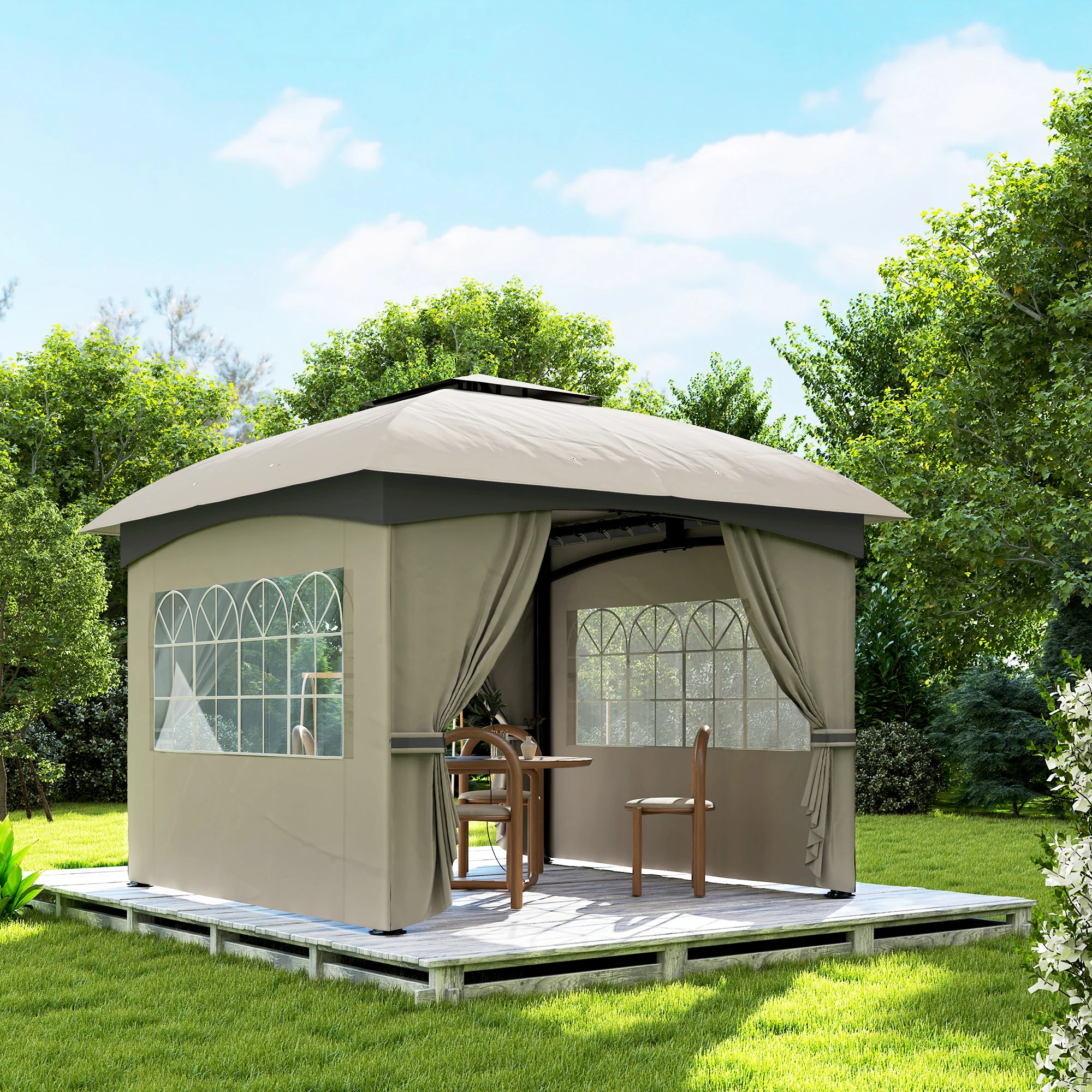 11' x 11' Double Roof Patio Gazebo with Curtains, Church Windows, Steel Frame, Light Gray - Image 10