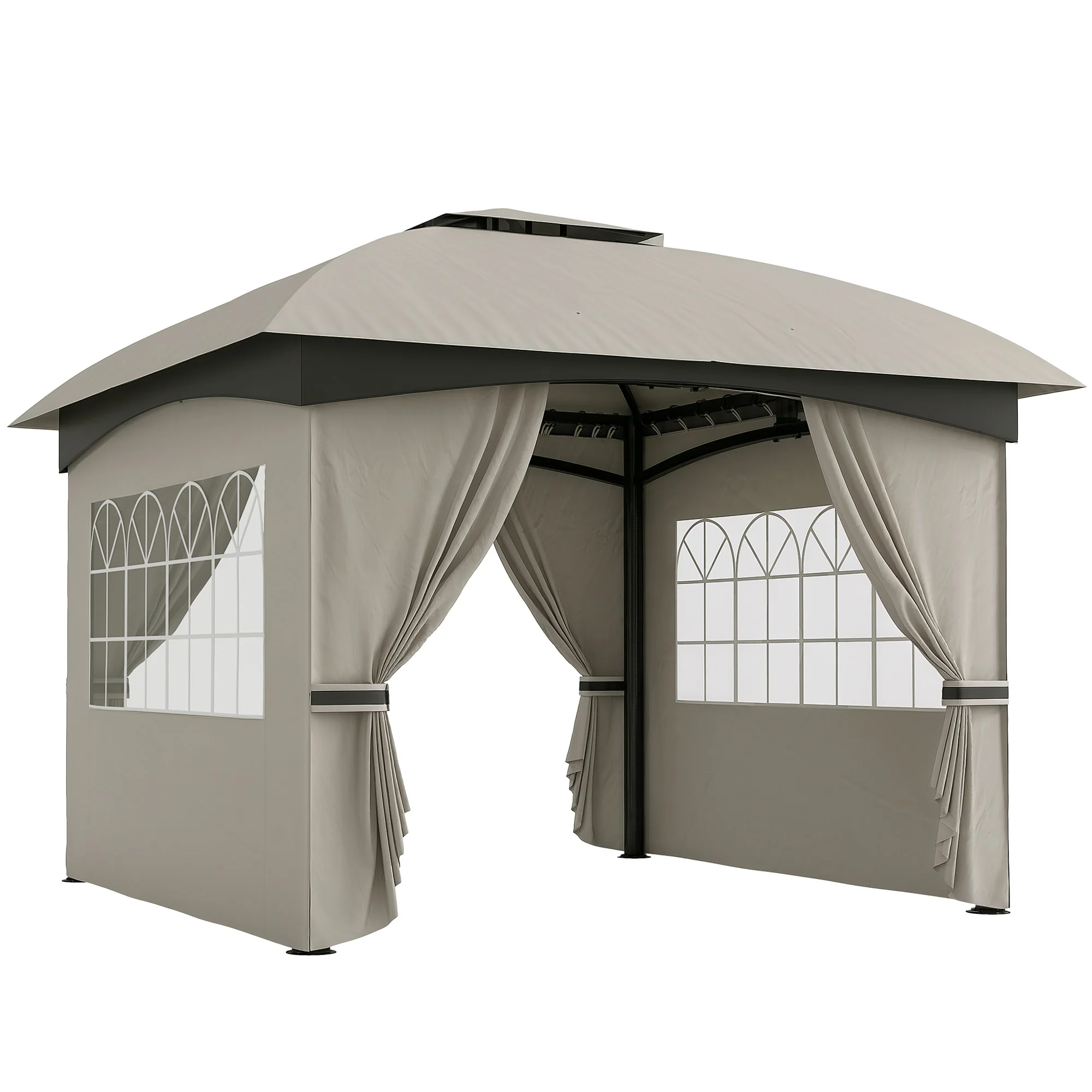 11' x 11' Double Roof Patio Gazebo with Curtains, Church Windows, Steel Frame, Light Gray - Image 12