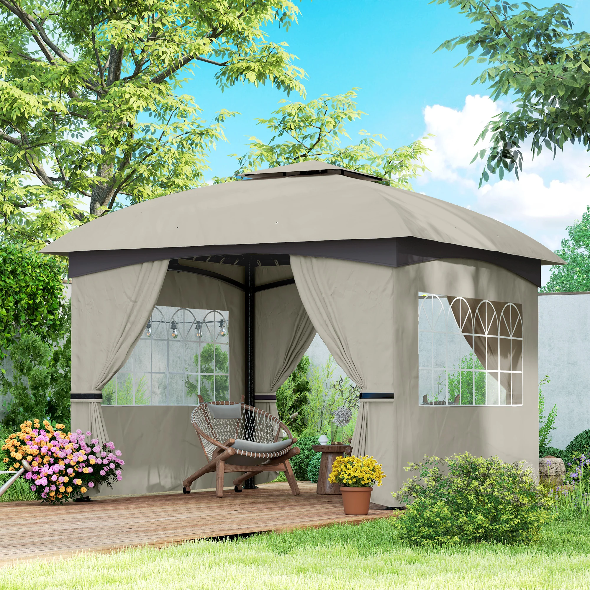 11' x 11' Double Roof Patio Gazebo with Curtains, Church Windows, Steel Frame, Light Gray - Image 3