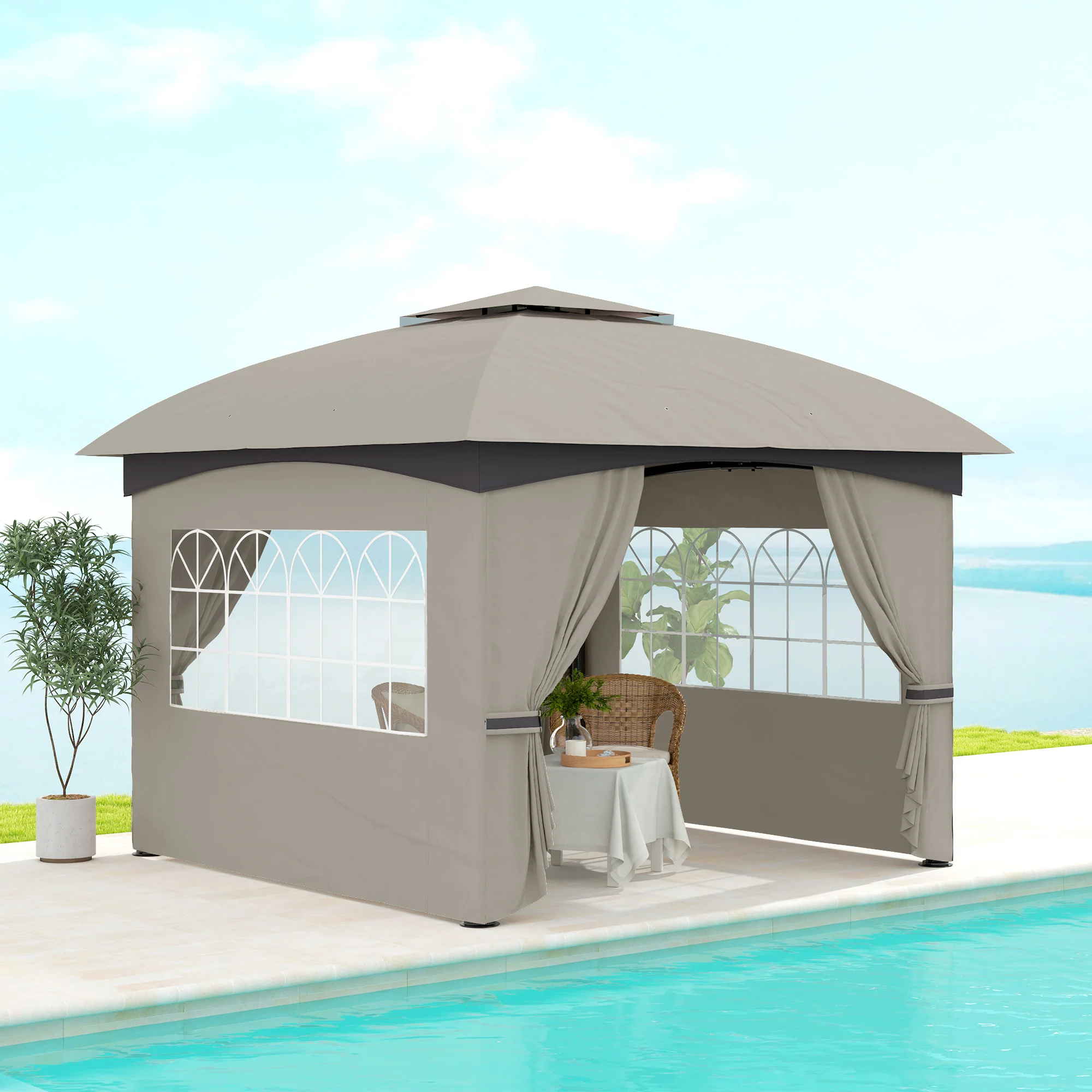 11' x 11' Double Roof Patio Gazebo with Curtains, Church Windows, Steel Frame, Light Gray - Image 4