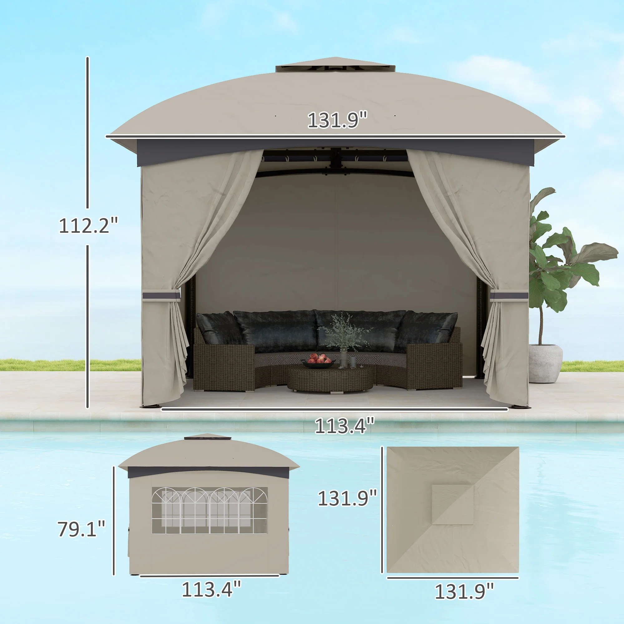 11' x 11' Double Roof Patio Gazebo with Curtains, Church Windows, Steel Frame, Light Gray - Image 5