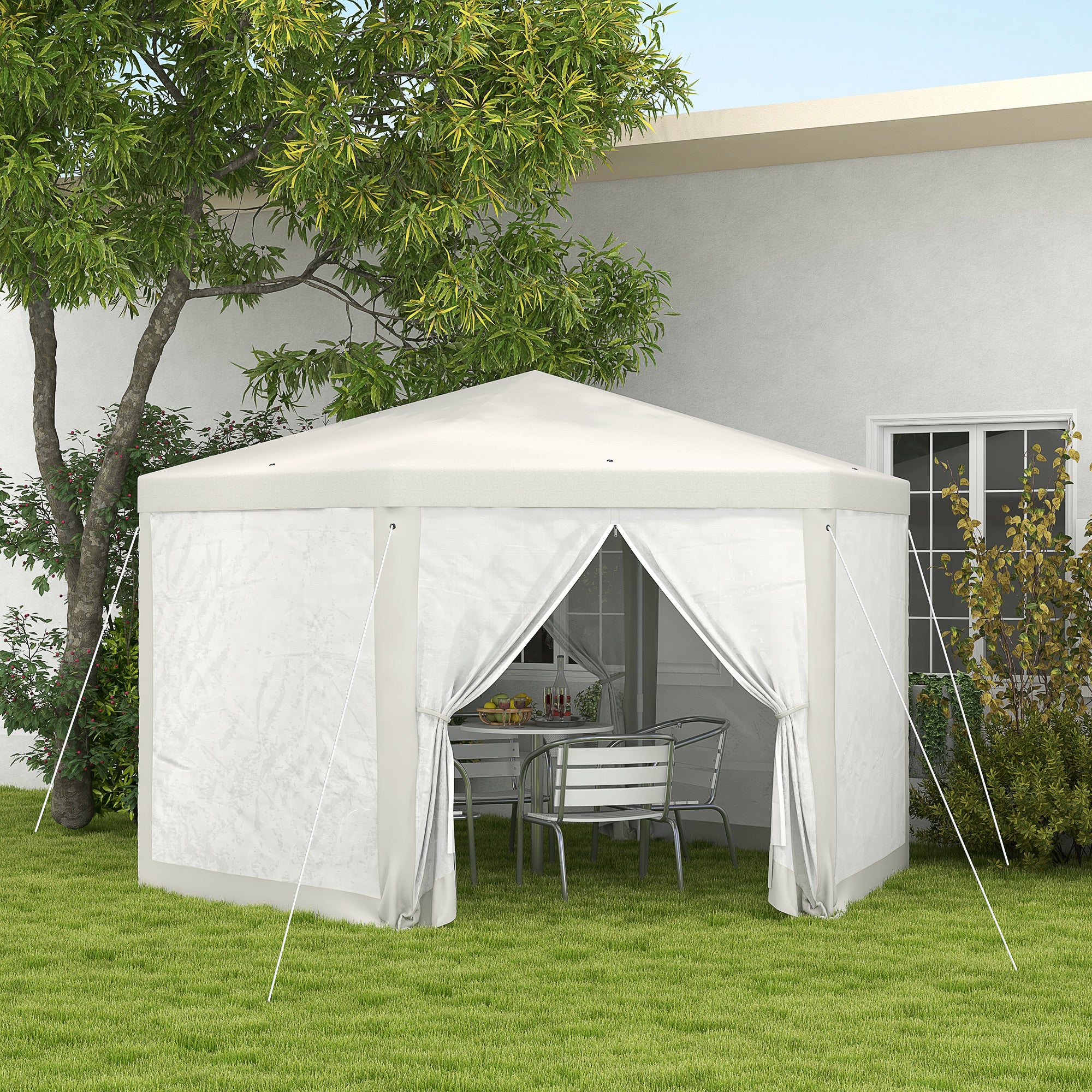 13' x 11' Hexagon Sun Shade Canopy with Protective Mesh Sidewalls, Ropes & Stakes, Cream - Image 3