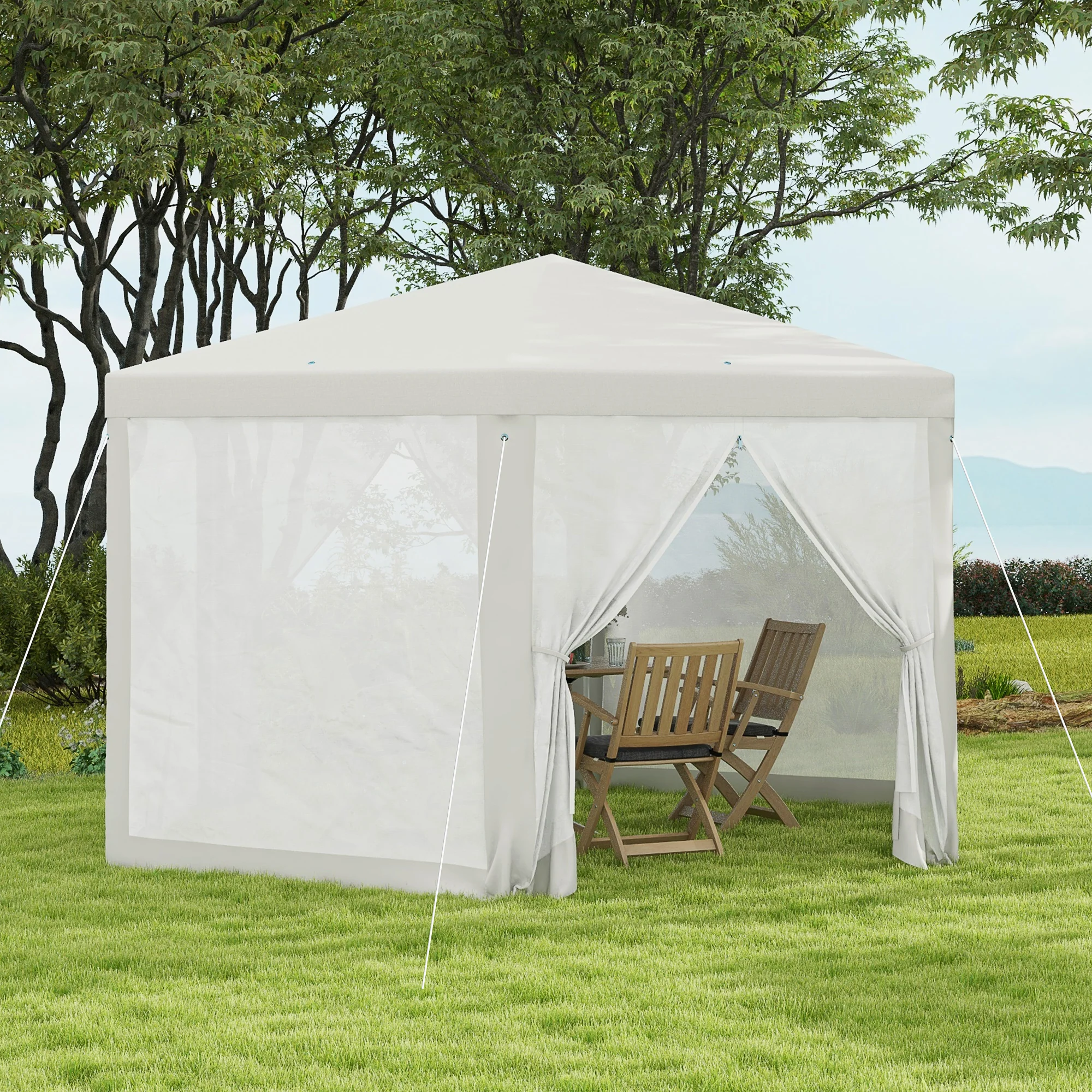 13' x 11' Hexagon Sun Shade Canopy with Protective Mesh Sidewalls, Ropes & Stakes, Cream - Image 4