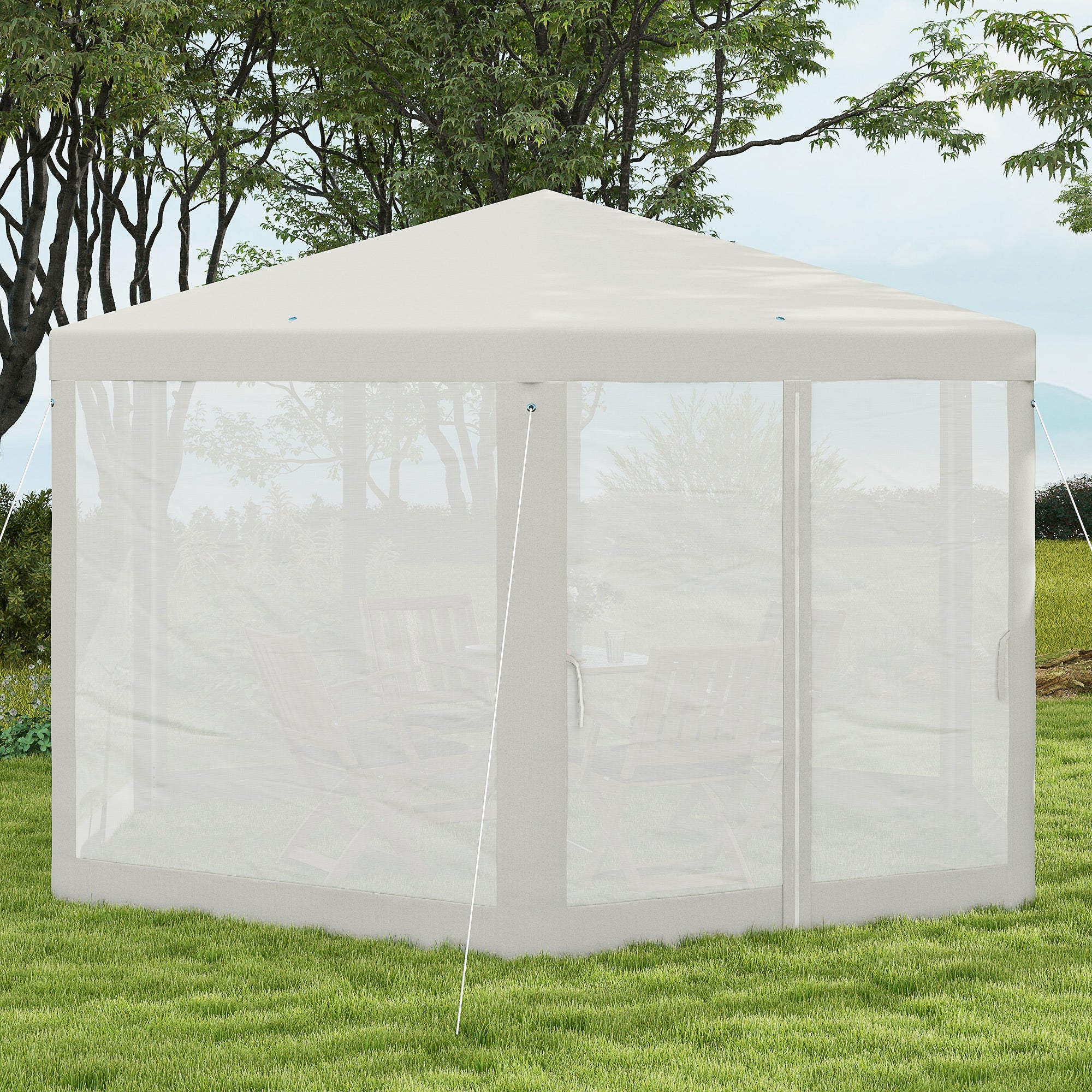 13' x 11' Hexagon Sun Shade Canopy with Protective Mesh Sidewalls, Ropes & Stakes, Cream - Image 9
