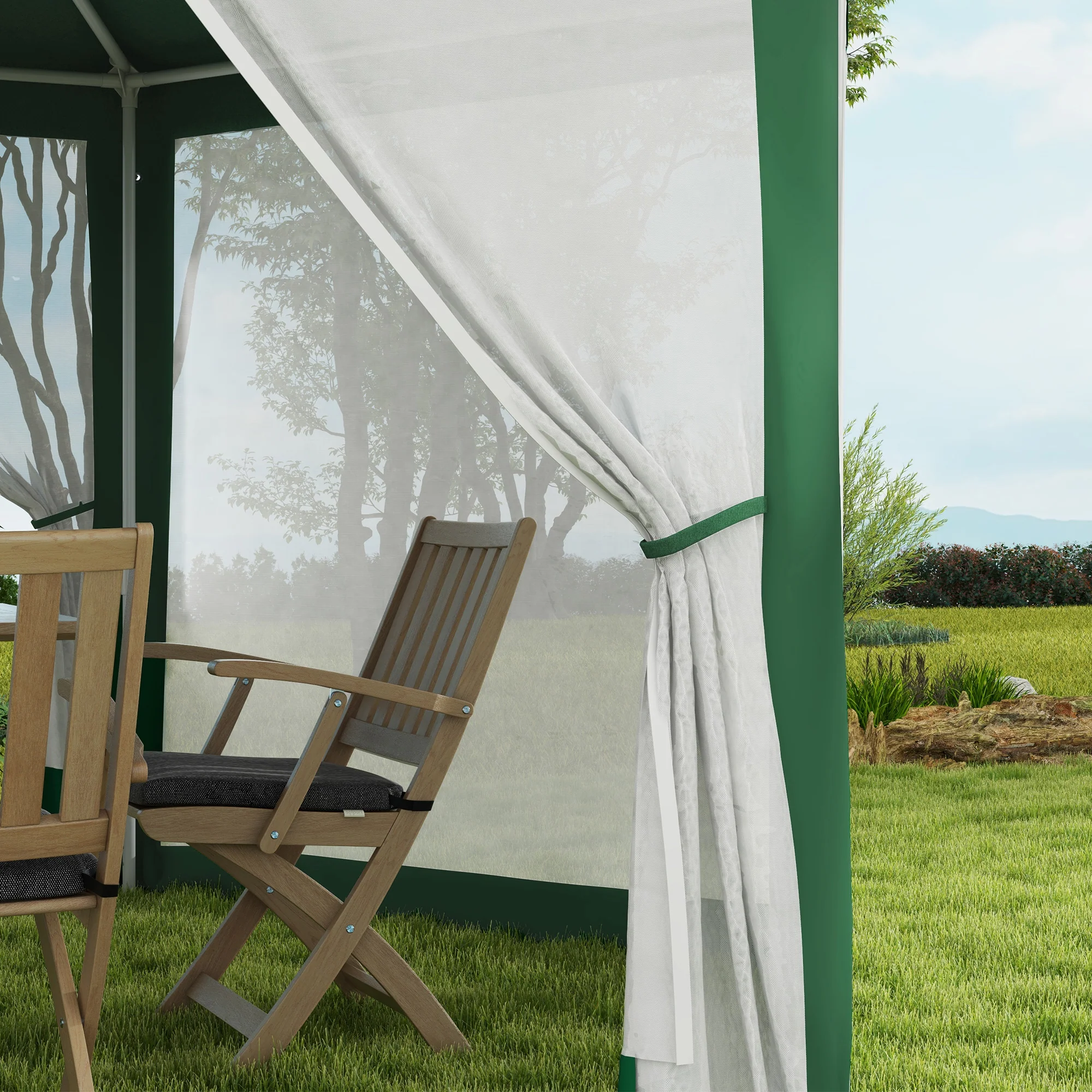 13' x 11' Hexagon Sun Shade Shelter Canopy with Mesh Sidewalls, Ropes, Stakes, Green - Image 10