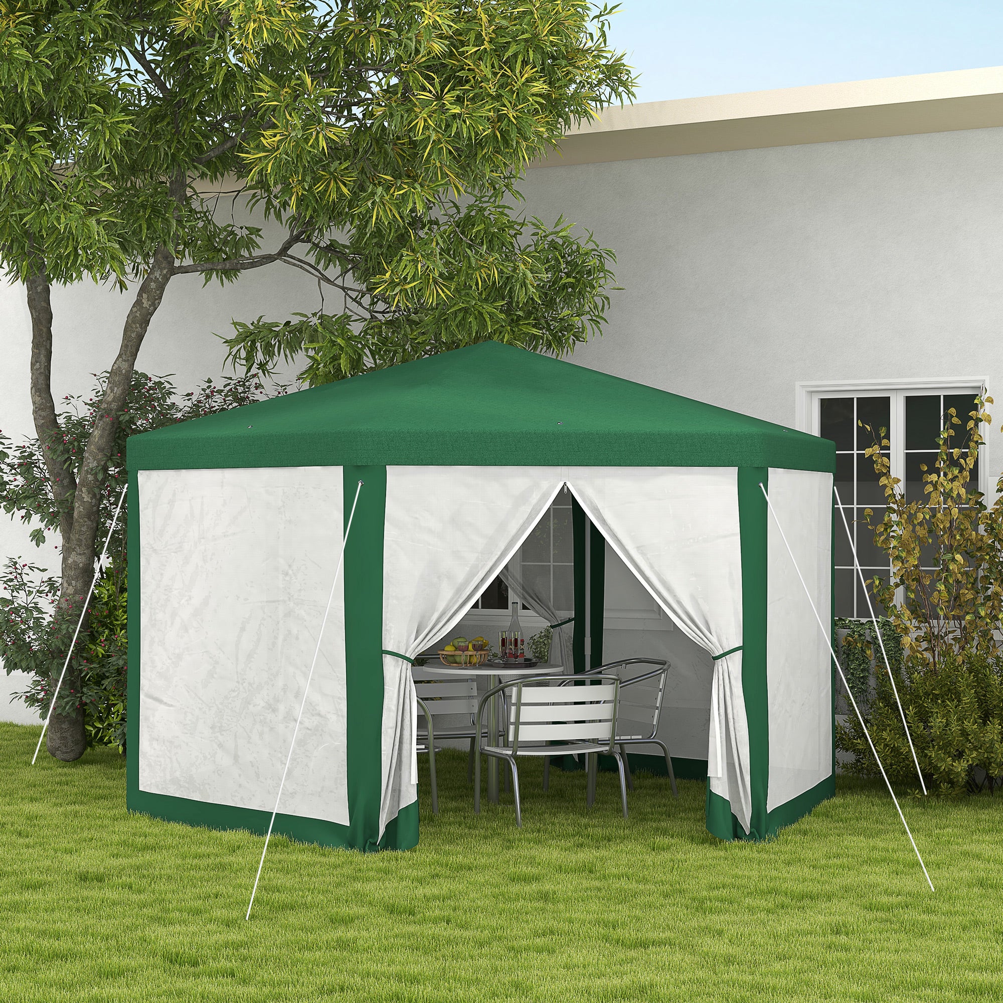 13' x 11' Hexagon Sun Shade Shelter Canopy with Mesh Sidewalls, Ropes, Stakes, Green - Image 3
