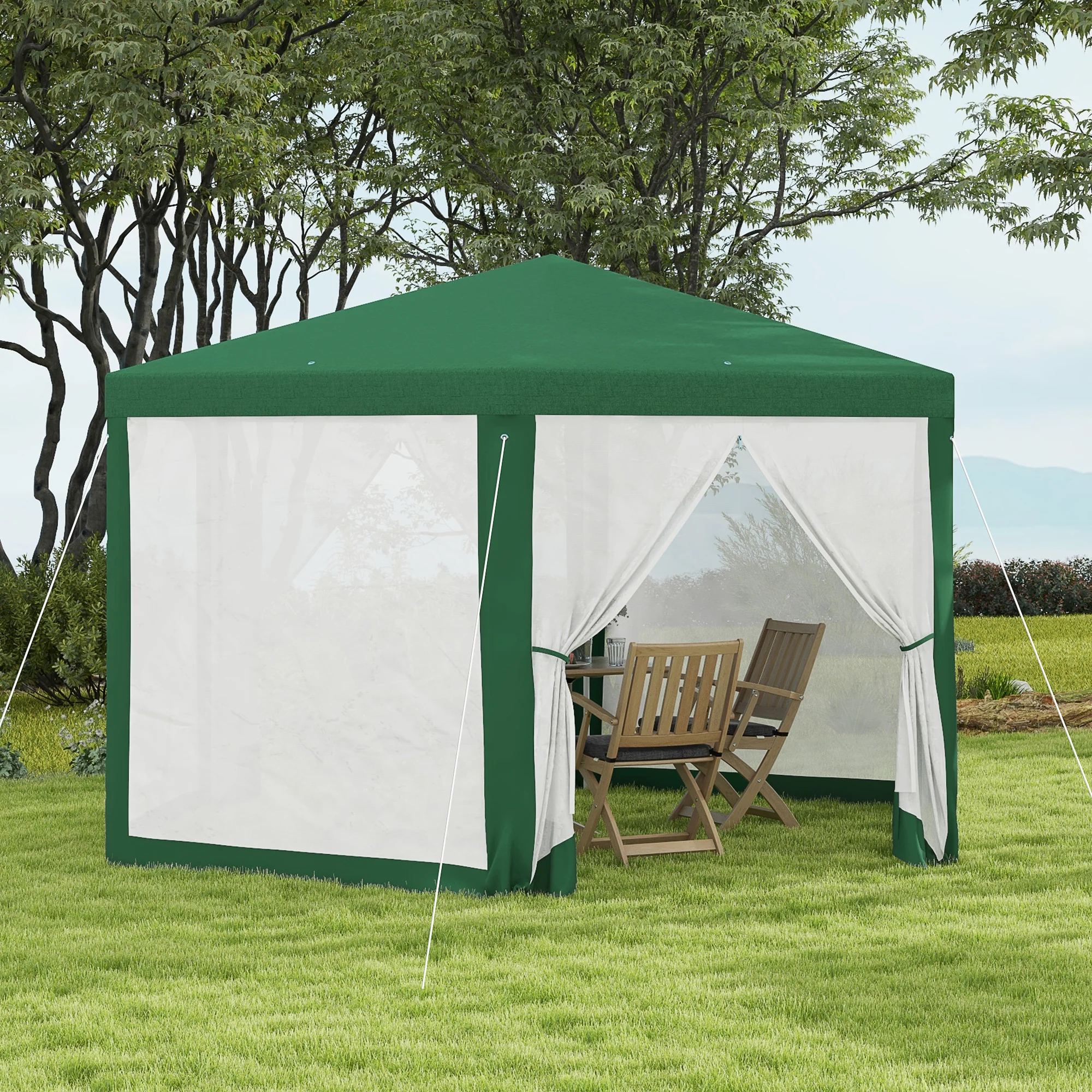 13' x 11' Hexagon Sun Shade Shelter Canopy with Mesh Sidewalls, Ropes, Stakes, Green - Image 4