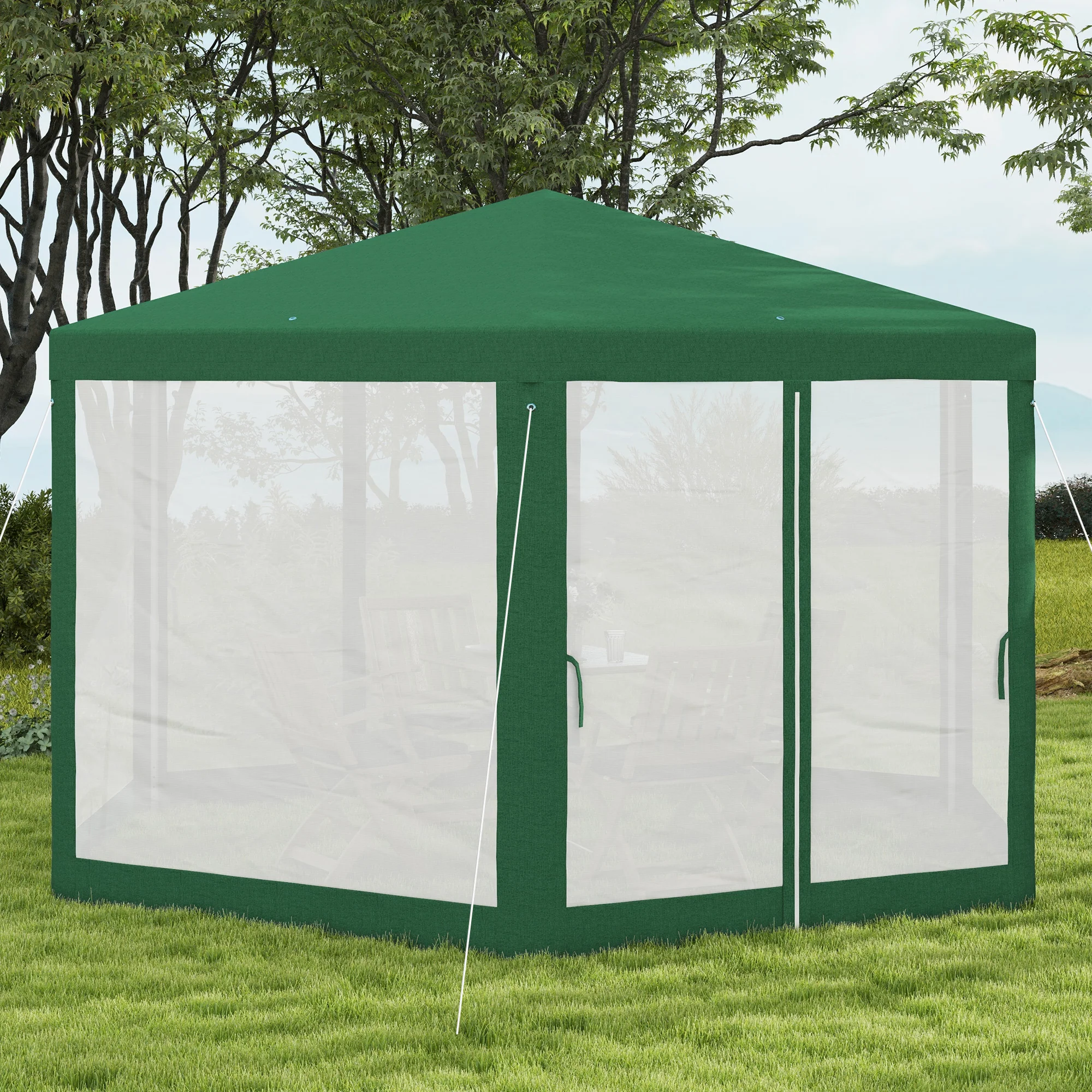 13' x 11' Hexagon Sun Shade Shelter Canopy with Mesh Sidewalls, Ropes, Stakes, Green - Image 9