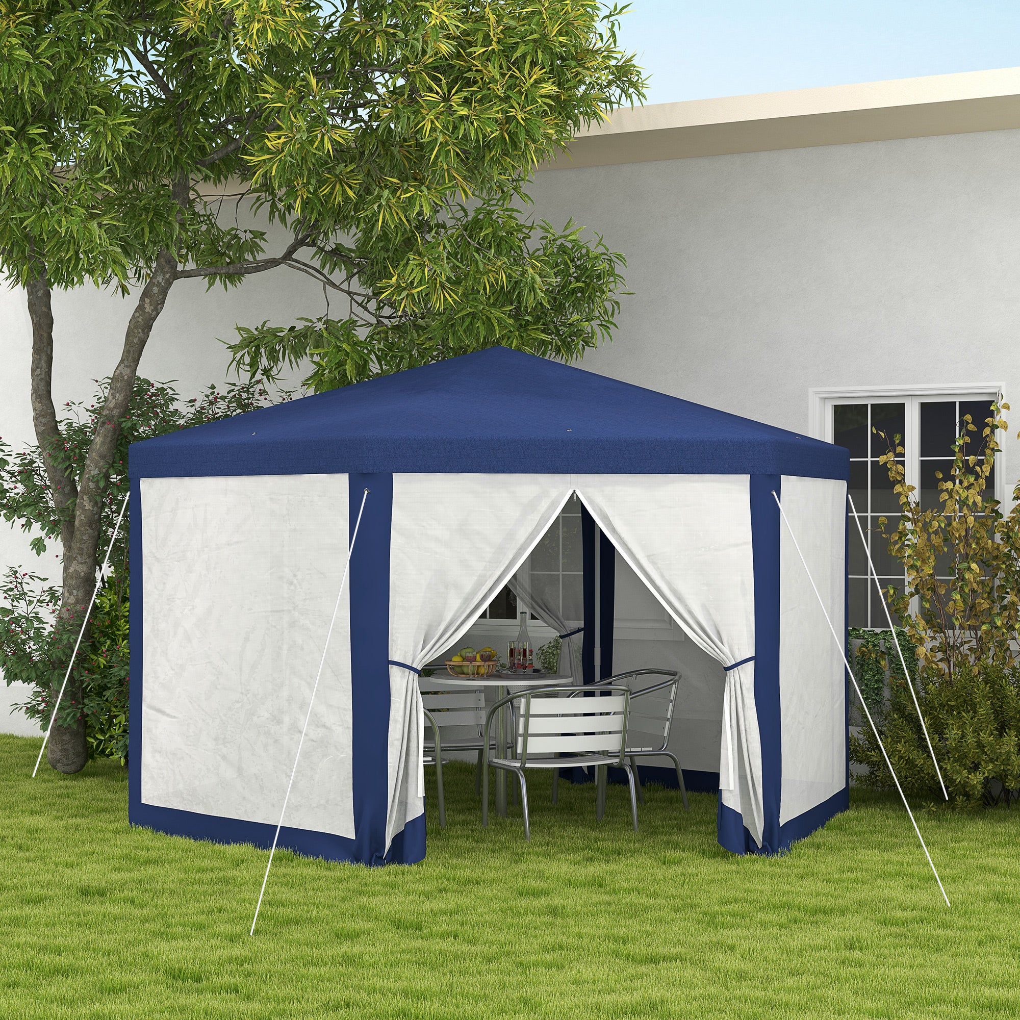 13' x 11' Hexagon Sun Shade Canopy with Protective Mesh Walls & Stakes, Blue - Image 3