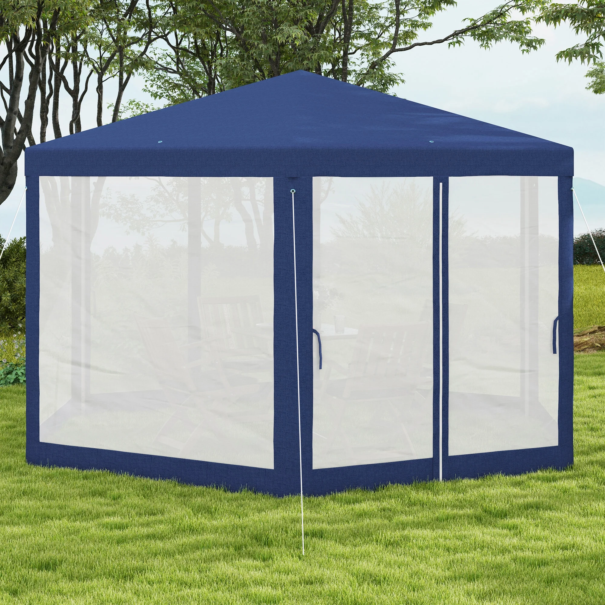 13' x 11' Hexagon Sun Shade Canopy with Protective Mesh Walls & Stakes, Blue - Image 9