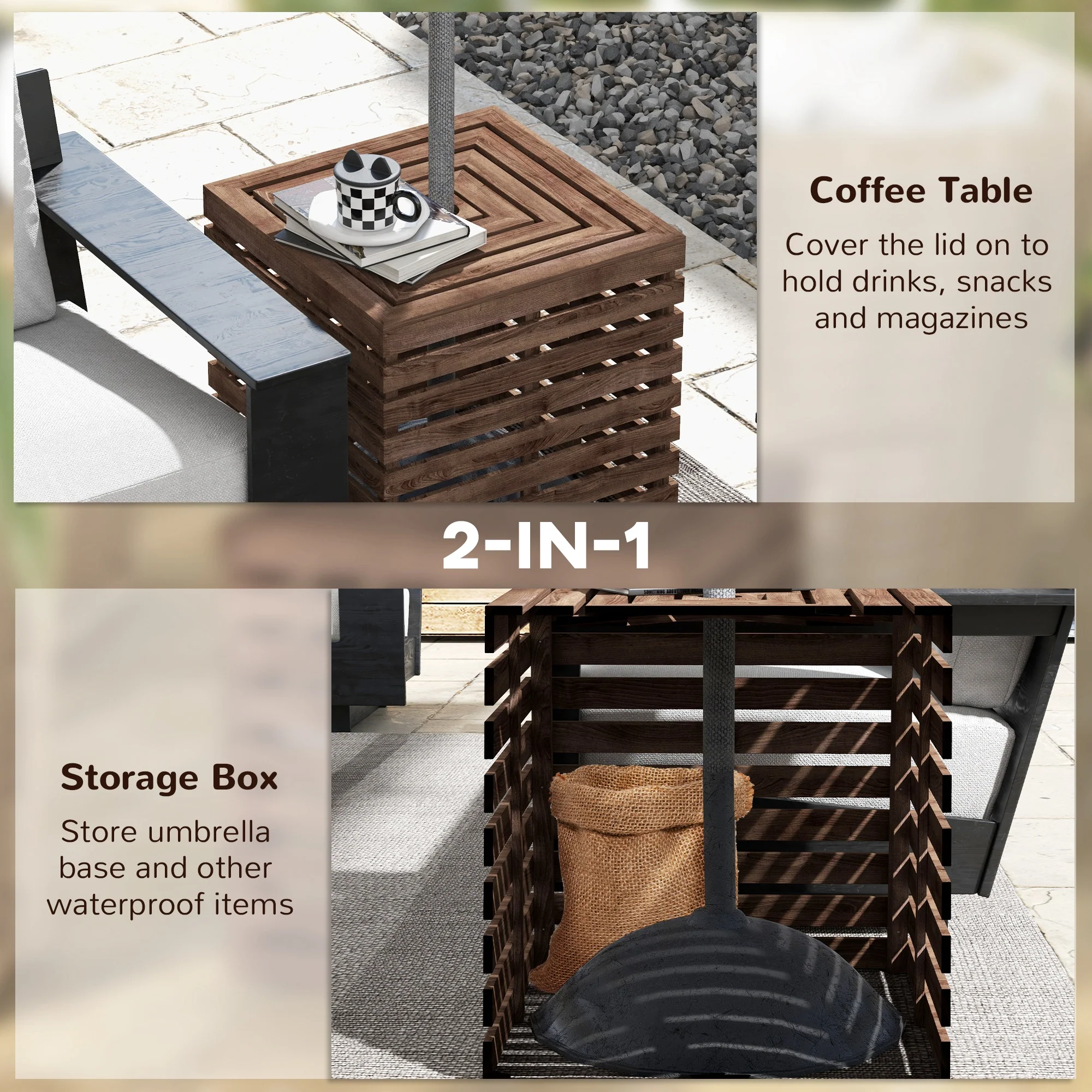 2-in-1 Outdoor Umbrella Base Storage Box, Wooden Patio Coffee Table, Brown - Image 6