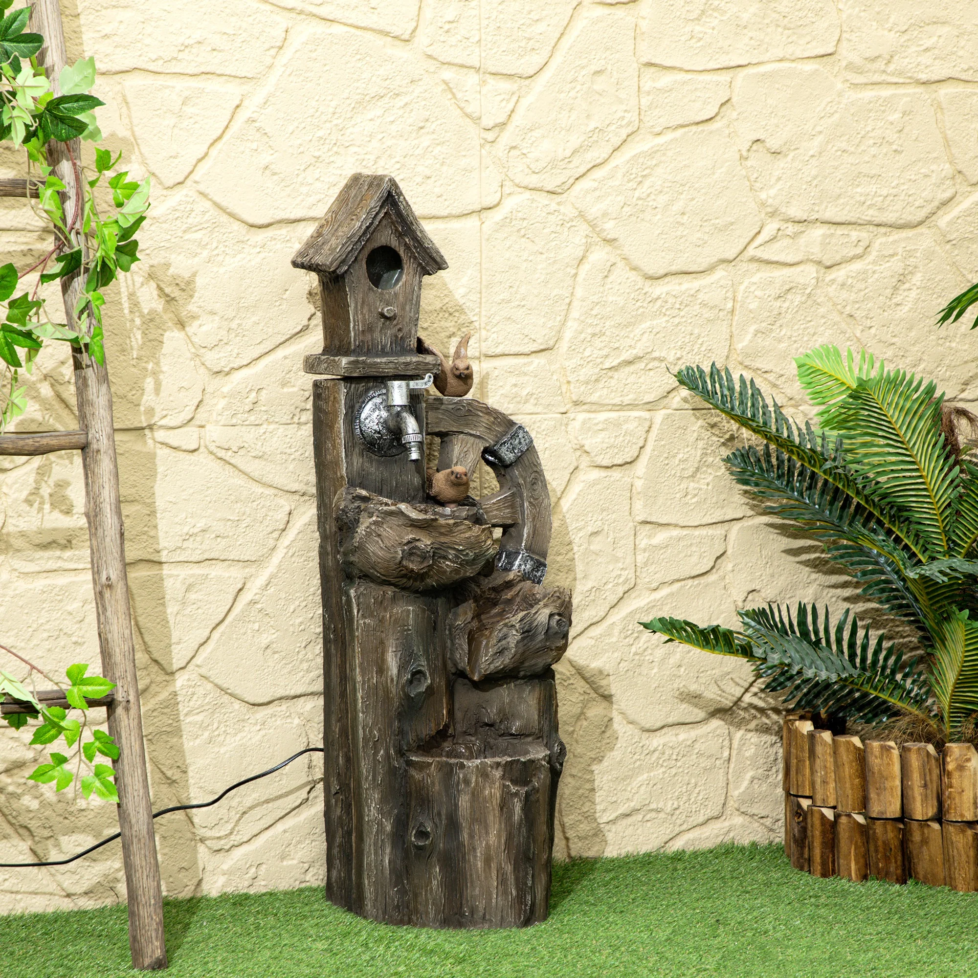 2-in-1 Tree Trunk Waterfall Fountain with Birdhouse & LED Lights, Mixed Color - Image 4