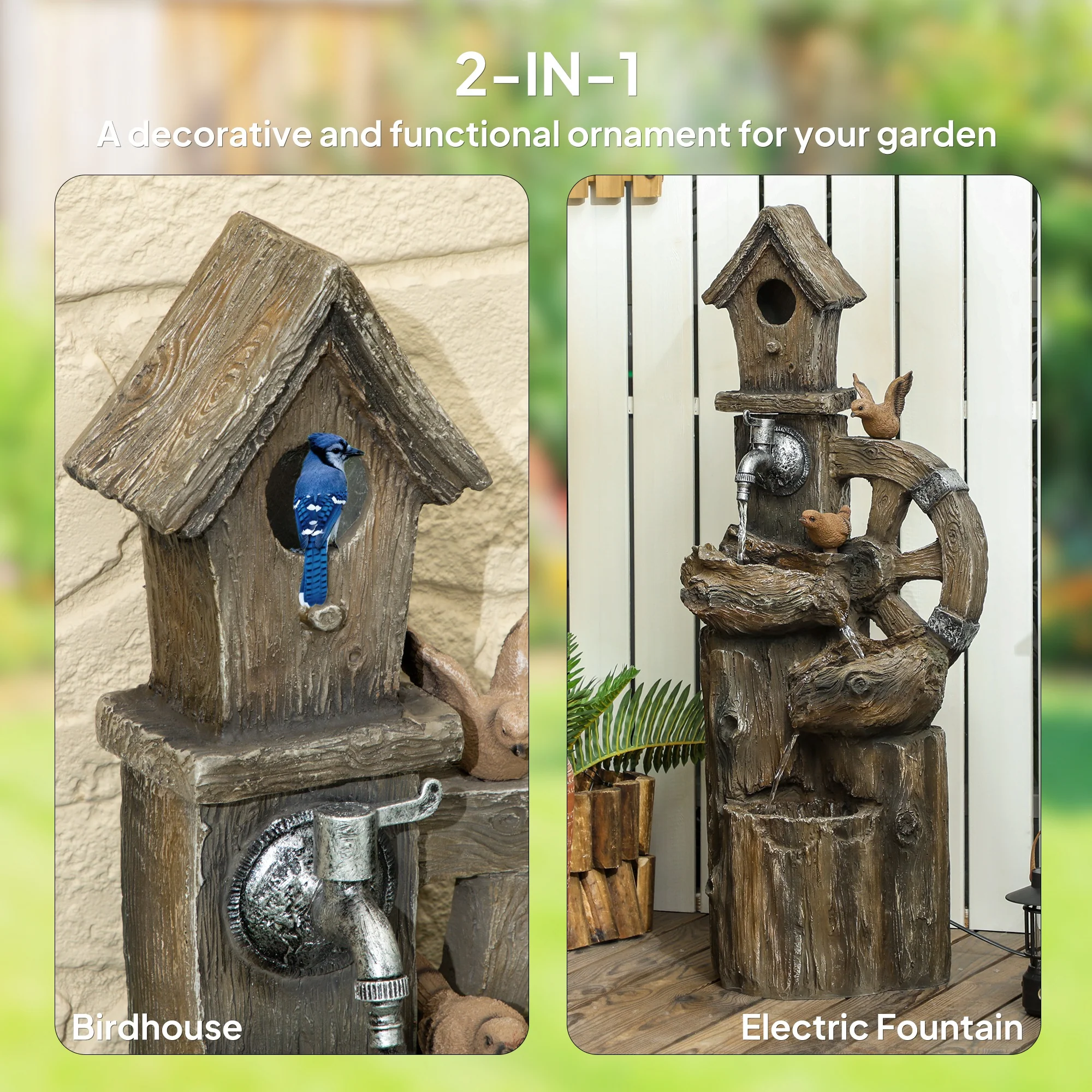 2-in-1 Tree Trunk Waterfall Fountain with Birdhouse & LED Lights, Mixed Color - Image 6