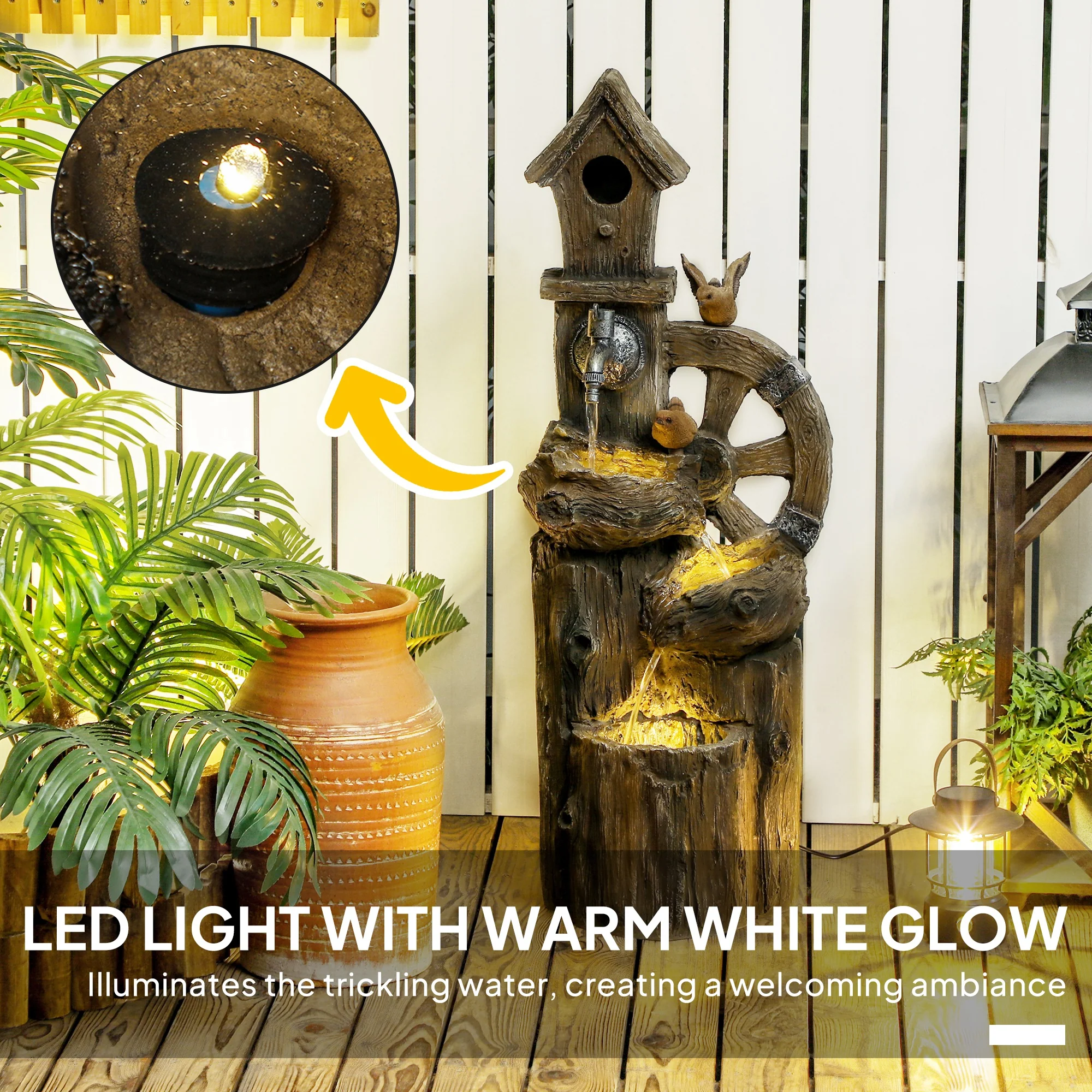 2-in-1 Tree Trunk Waterfall Fountain with Birdhouse & LED Lights, Mixed Color - Image 7