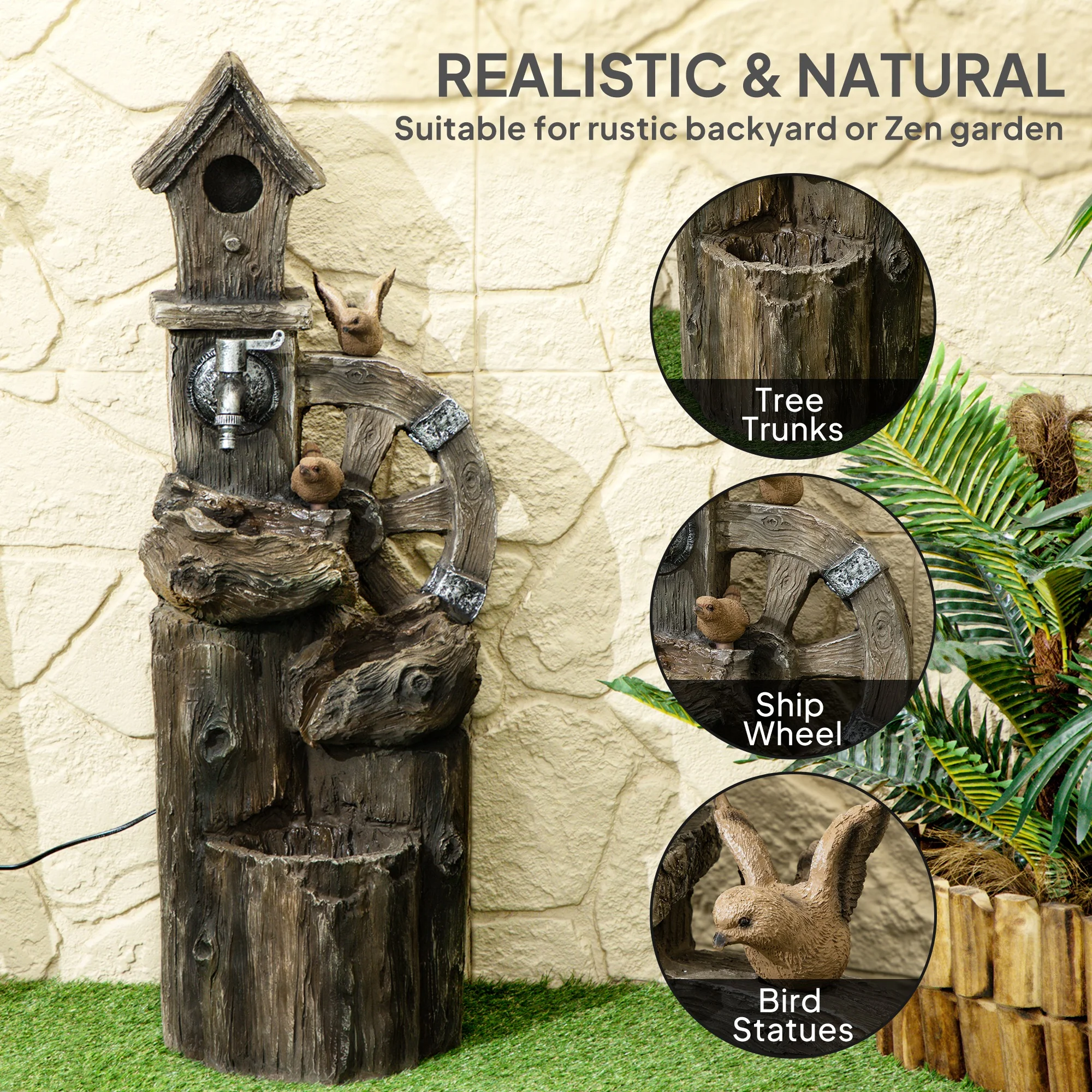 2-in-1 Tree Trunk Waterfall Fountain with Birdhouse & LED Lights, Mixed Color - Image 9