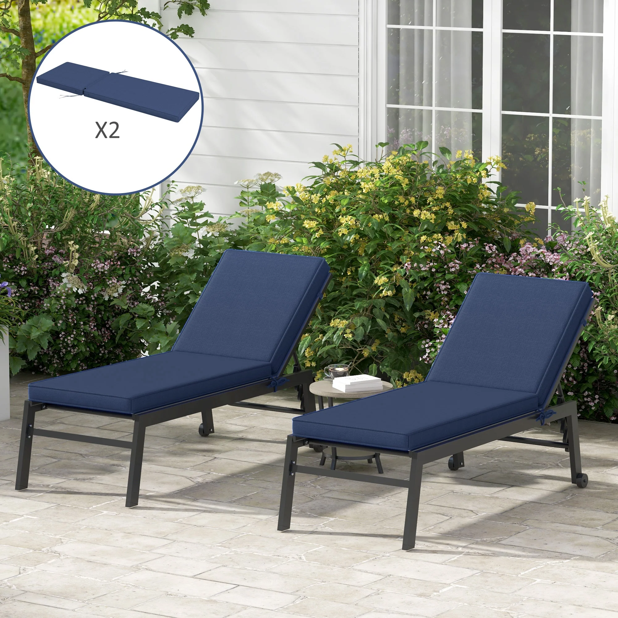 2-Pack Patio Chair Cushions with Backrests for Outdoor Lounge, Navy Blue - Image 3