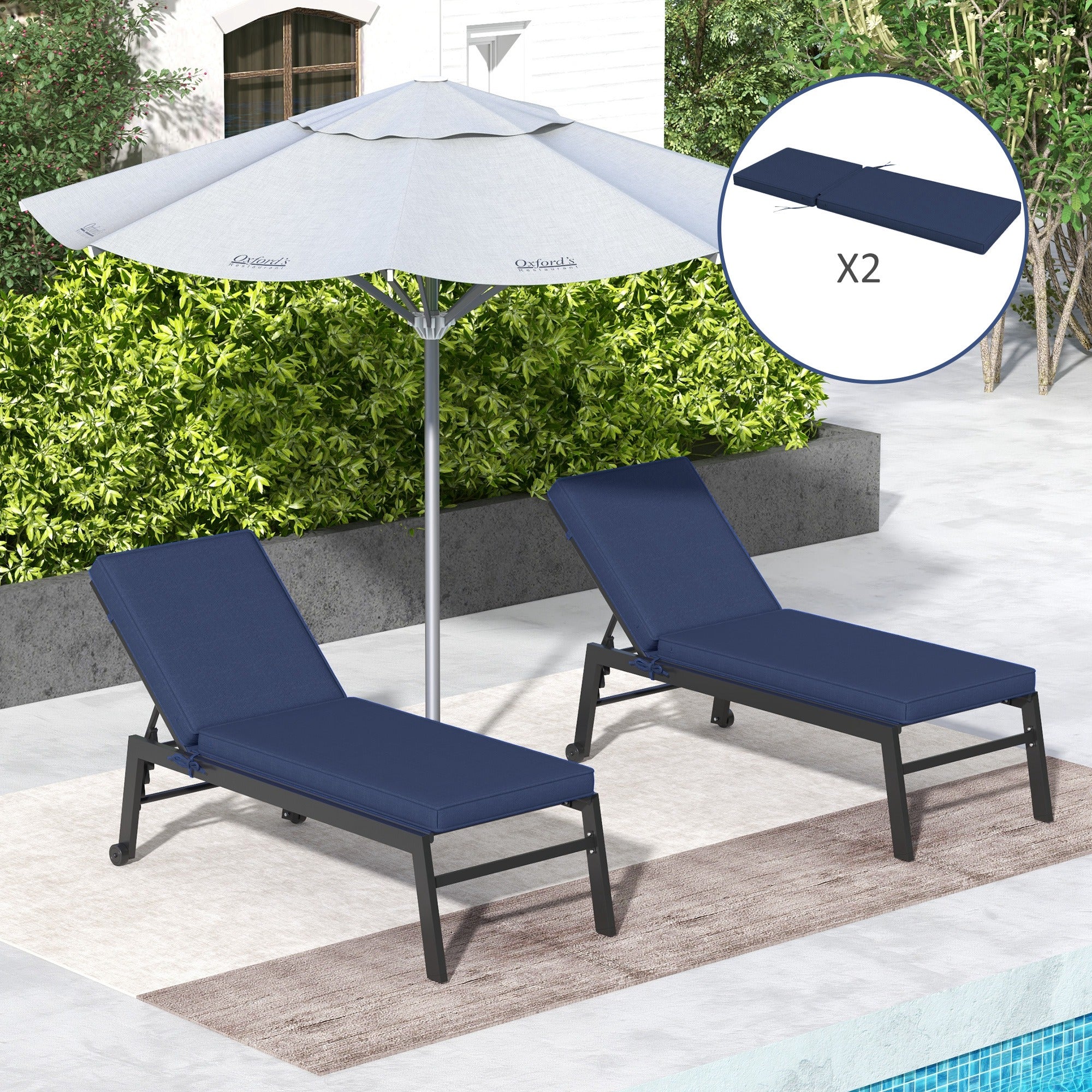 2-Pack Patio Chair Cushions with Backrests for Outdoor Lounge, Navy Blue - Image 4