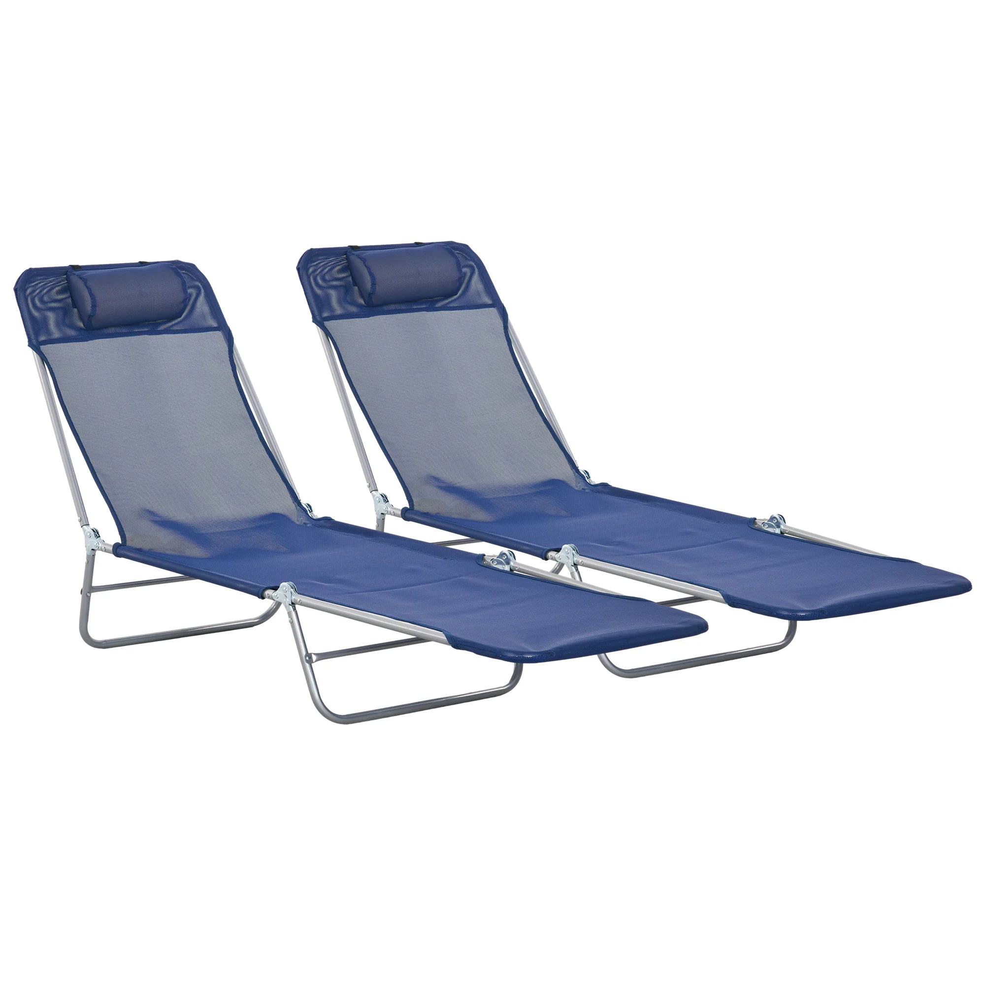 2-Piece Folding Sun Loungers with Reclining Back, Breathable Mesh & Headrest, Dark Blue - Image 12