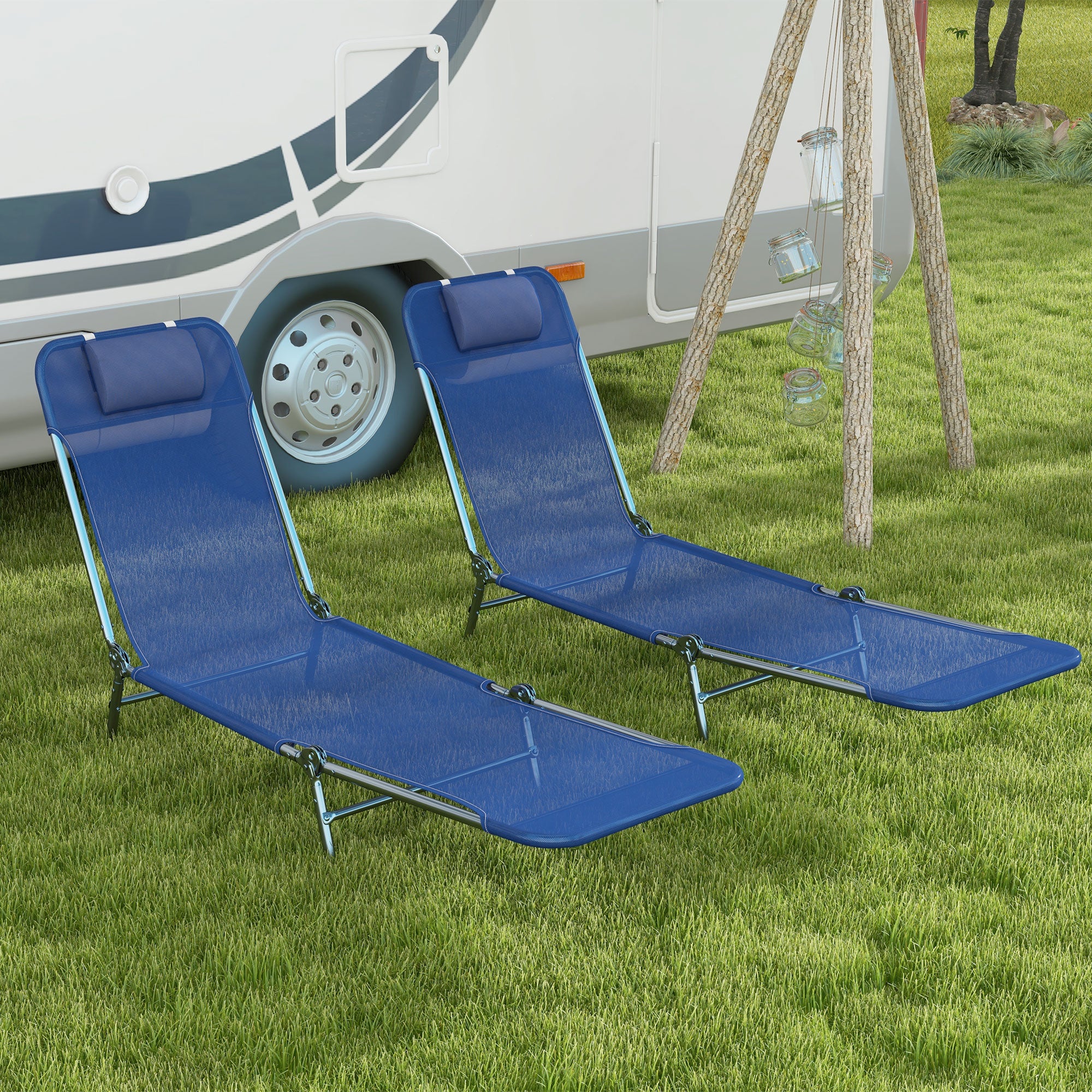 2-Piece Folding Sun Loungers with Reclining Back, Breathable Mesh & Headrest, Dark Blue - Image 3