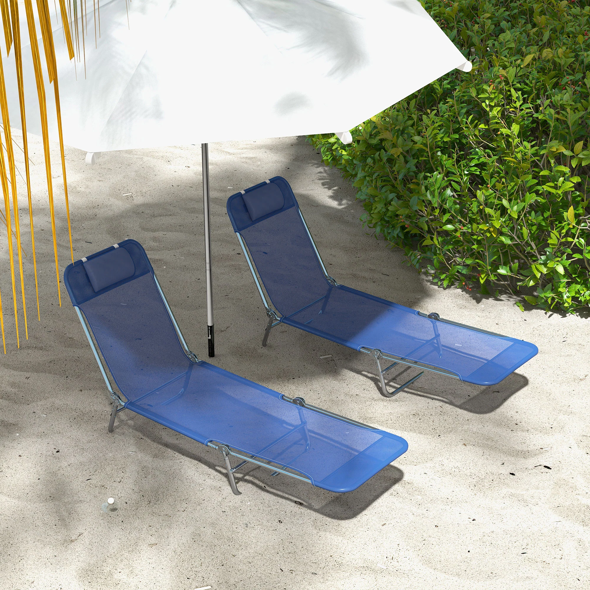 2-Piece Folding Sun Loungers with Reclining Back, Breathable Mesh & Headrest, Dark Blue - Image 4