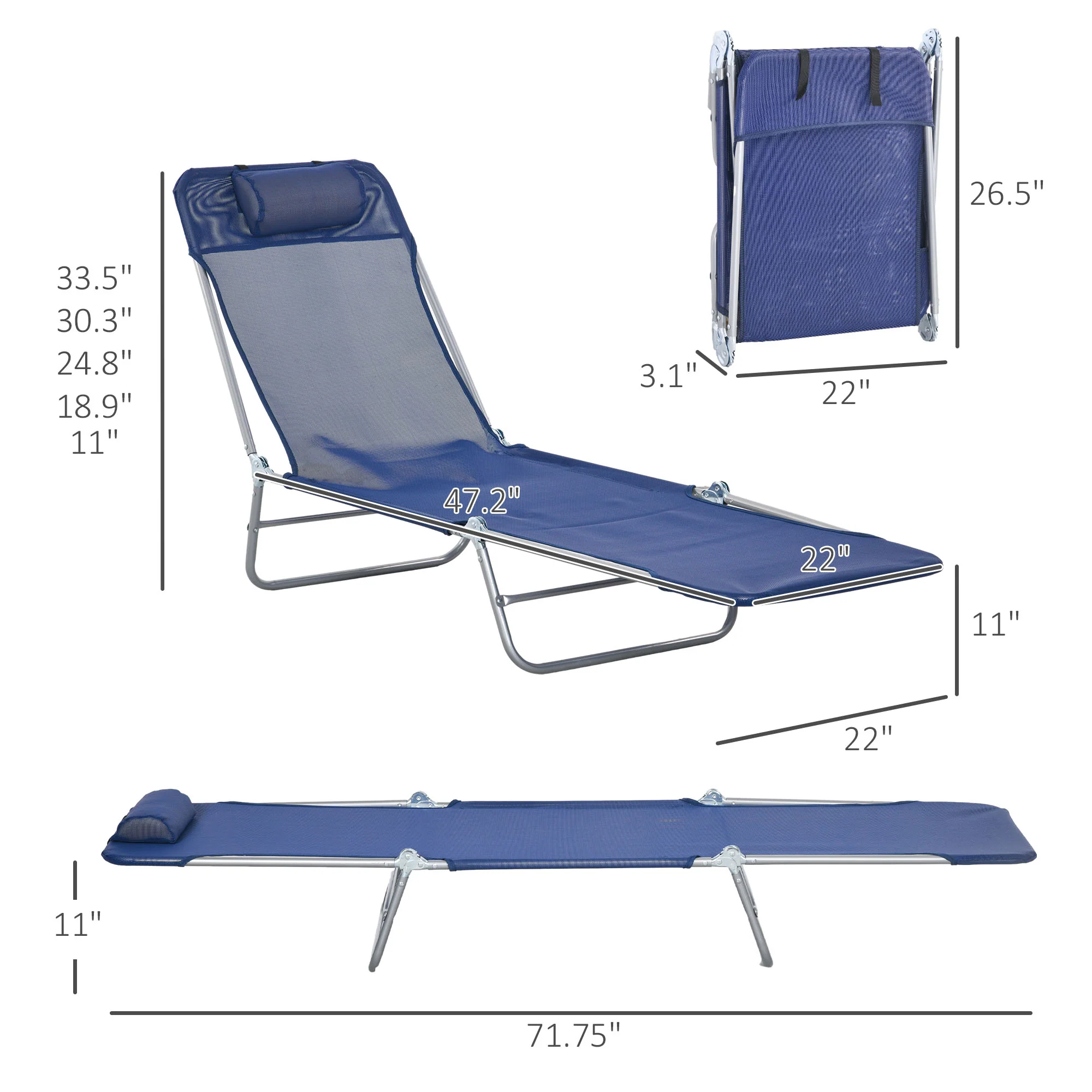 2-Piece Folding Sun Loungers with Reclining Back, Breathable Mesh & Headrest, Dark Blue - Image 5