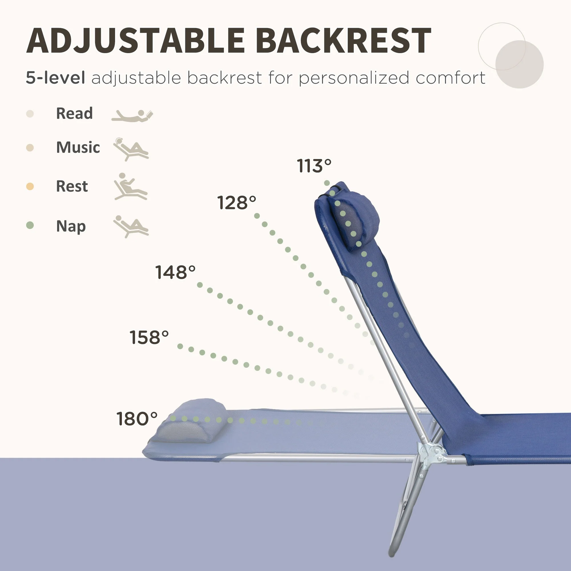 2-Piece Folding Sun Loungers with Reclining Back, Breathable Mesh & Headrest, Dark Blue - Image 6