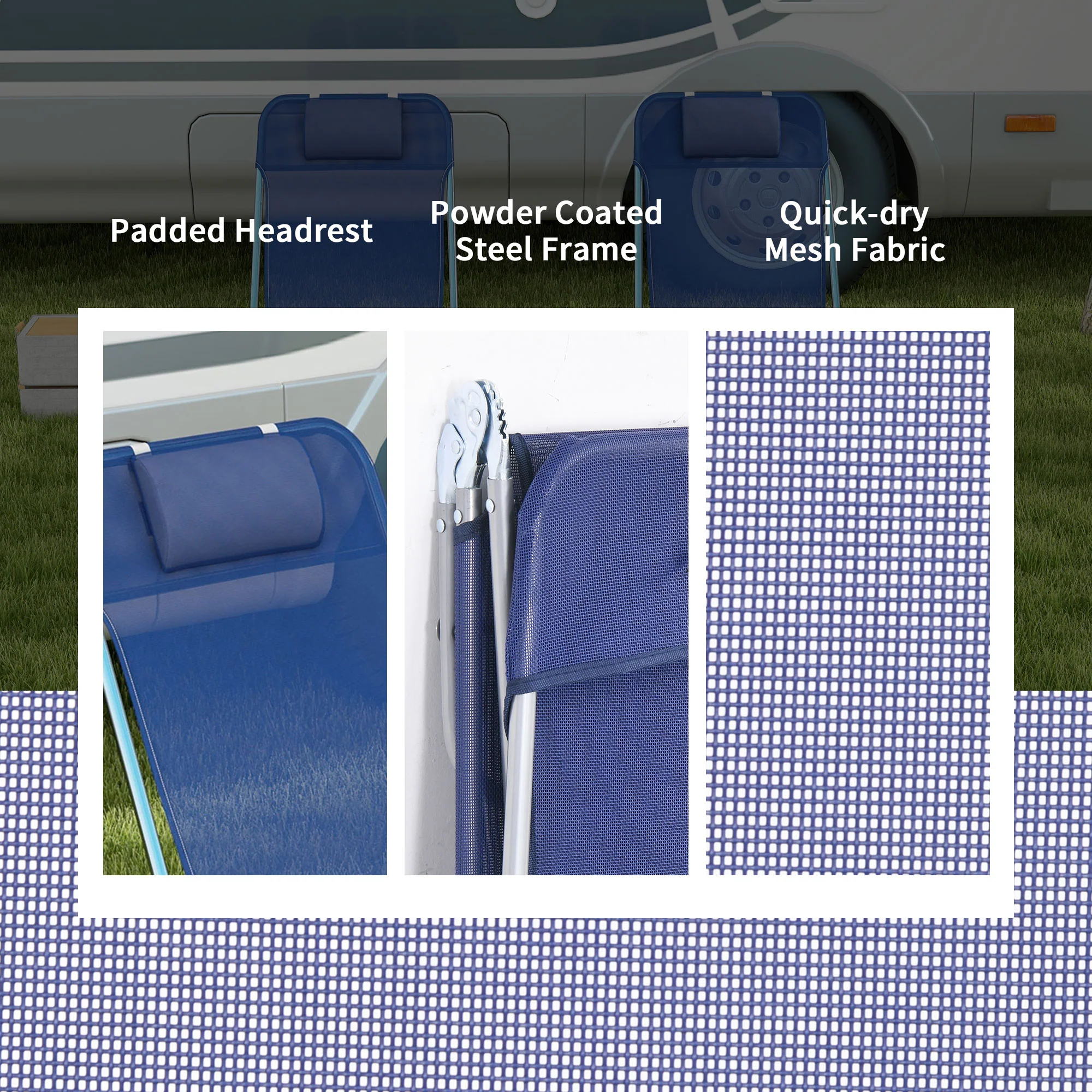 2-Piece Folding Sun Loungers with Reclining Back, Breathable Mesh & Headrest, Dark Blue - Image 8