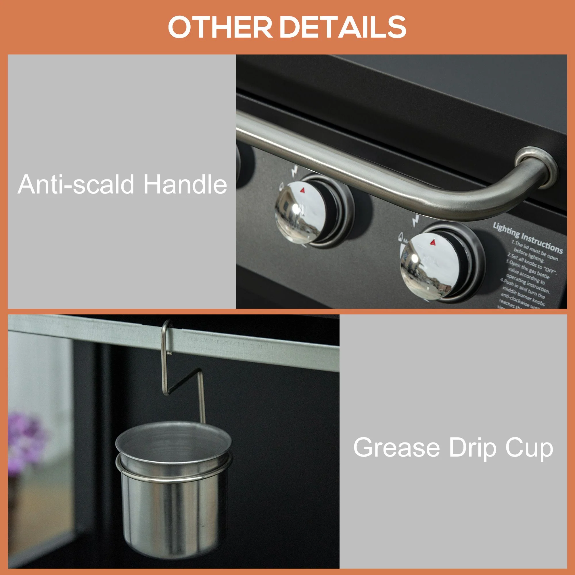 3-Burner Portable Gas Grill with Wheels, Warming Rack, Shelves, Cabinet & Thermometer, Black - Image 10