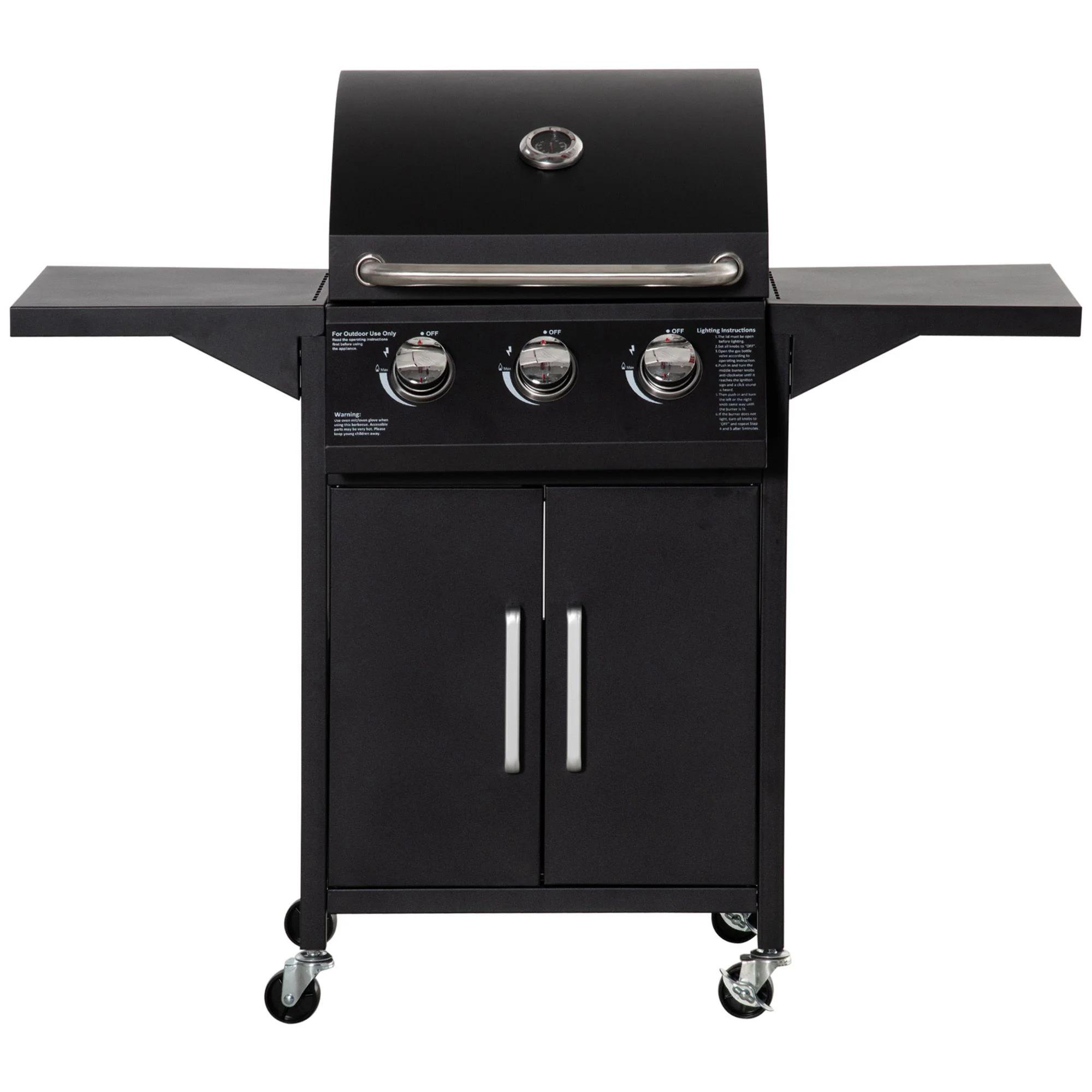 3-Burner Portable Gas Grill with Wheels, Warming Rack, Shelves, Cabinet & Thermometer, Black - Image 12