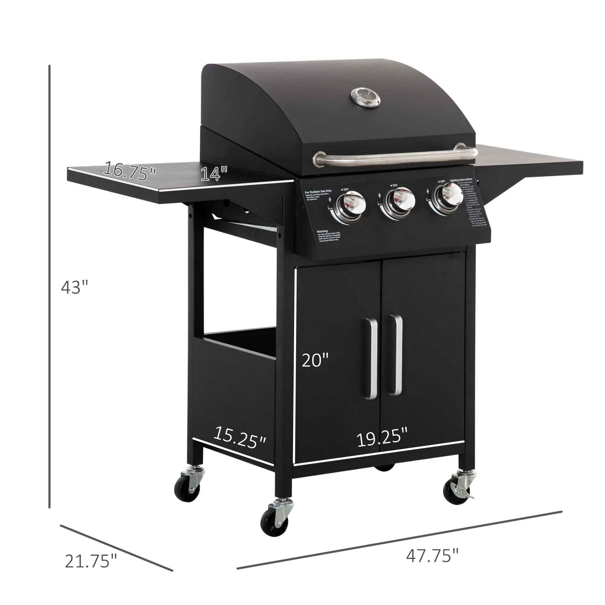 3-Burner Portable Gas Grill with Wheels, Warming Rack, Shelves, Cabinet & Thermometer, Black - Image 5