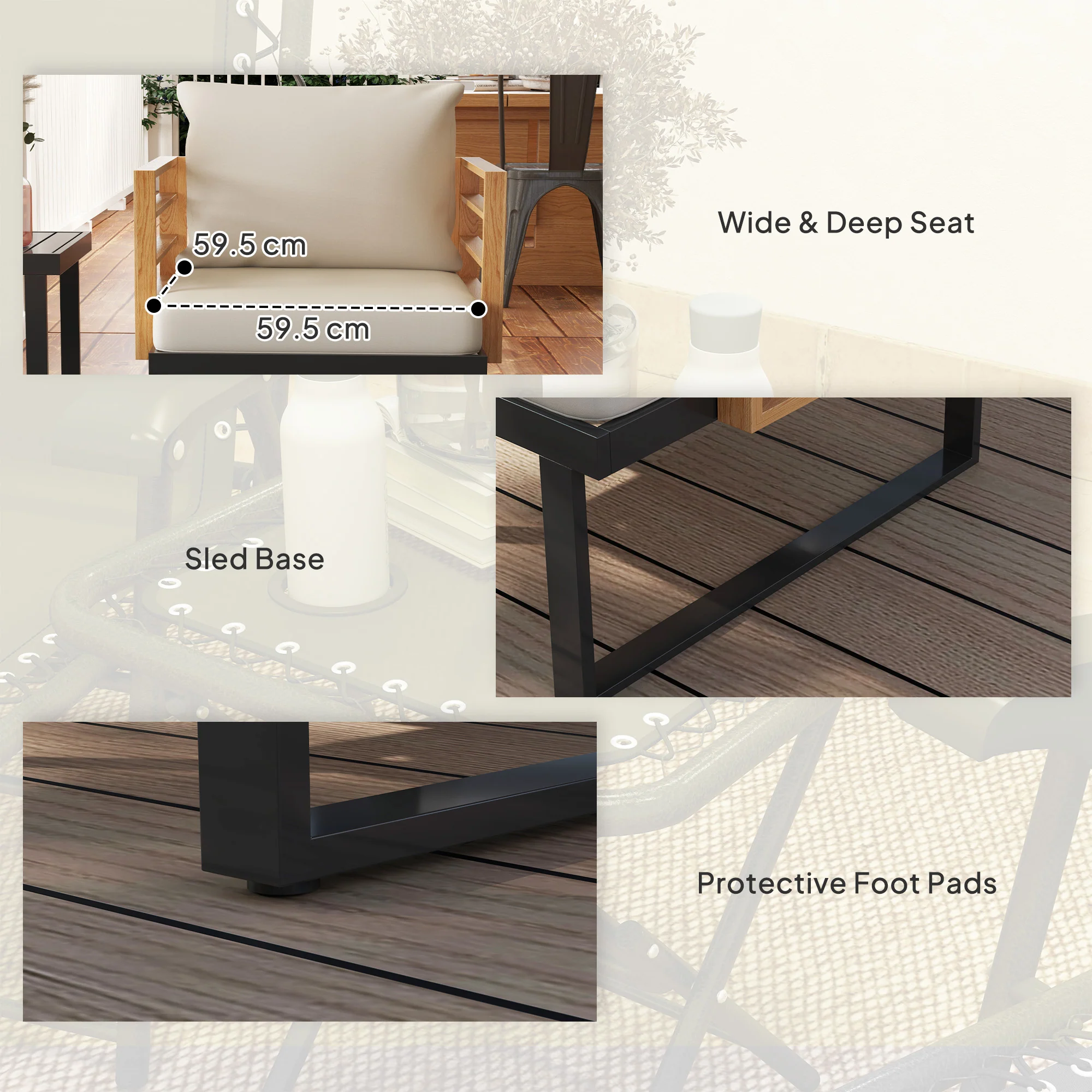 3 Pcs Outdoor Bistro Set, 2 Armchairs with Cushions and Slatted Metal Top Table, Beige - Image 10