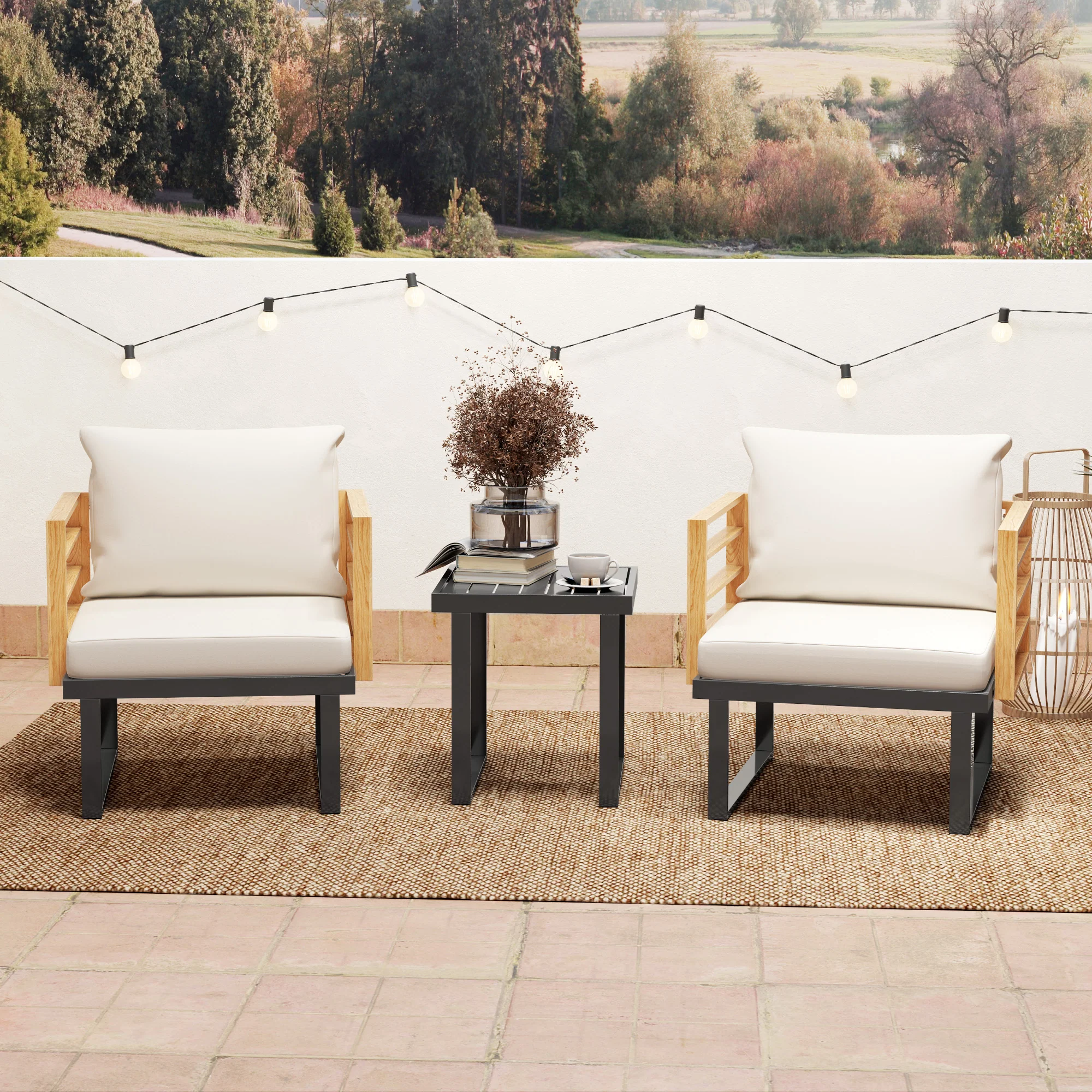 3 Pcs Outdoor Bistro Set, 2 Armchairs with Cushions and Slatted Metal Top Table, Beige - Image 4