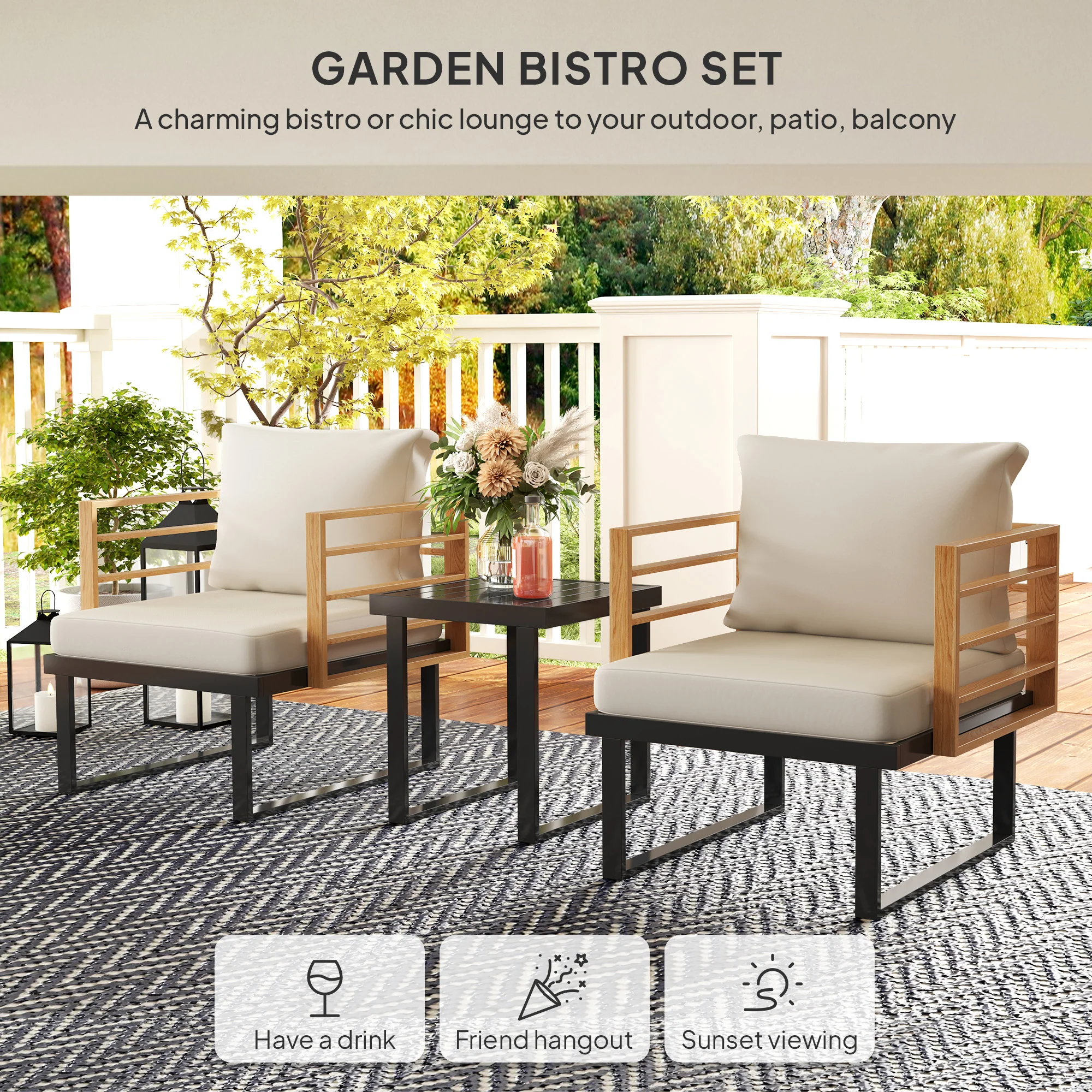 3 Pcs Outdoor Bistro Set, 2 Armchairs with Cushions and Slatted Metal Top Table, Beige - Image 6