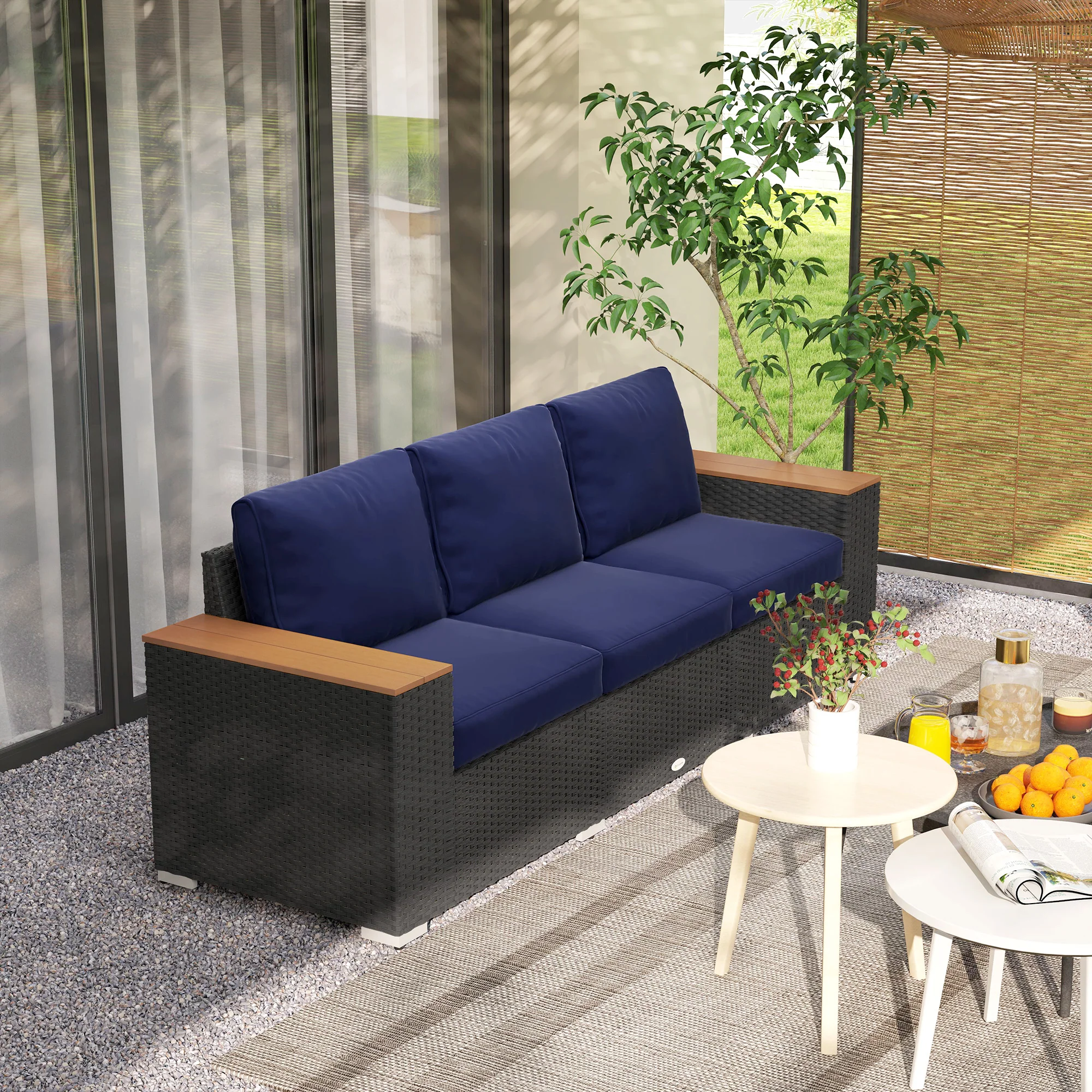 3-Seat Rattan Patio Couch with Cushions and Wood Grain Wide Armrests, Navy Blue - Image 10
