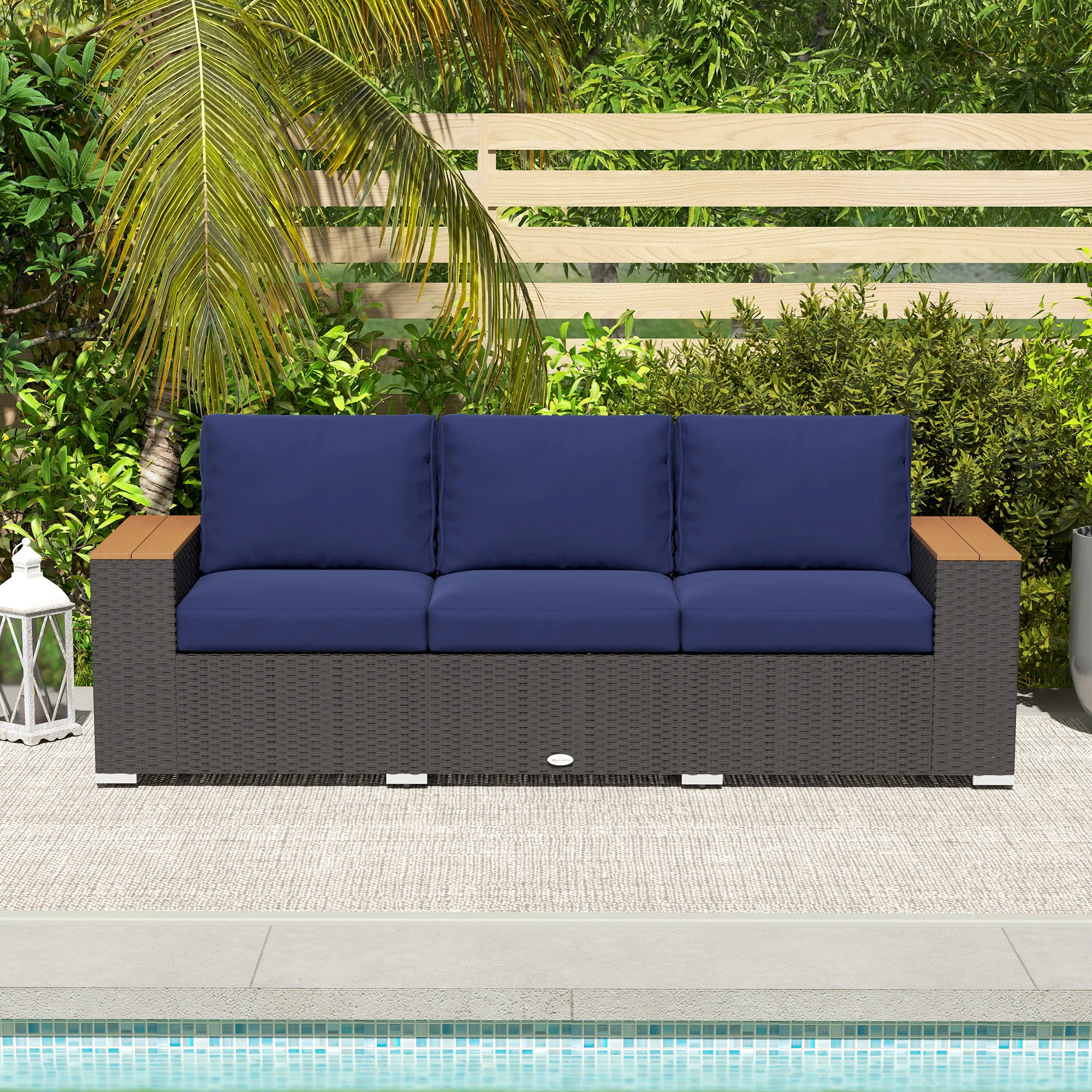 3-Seat Rattan Patio Couch with Cushions and Wood Grain Wide Armrests, Navy Blue - Image 11