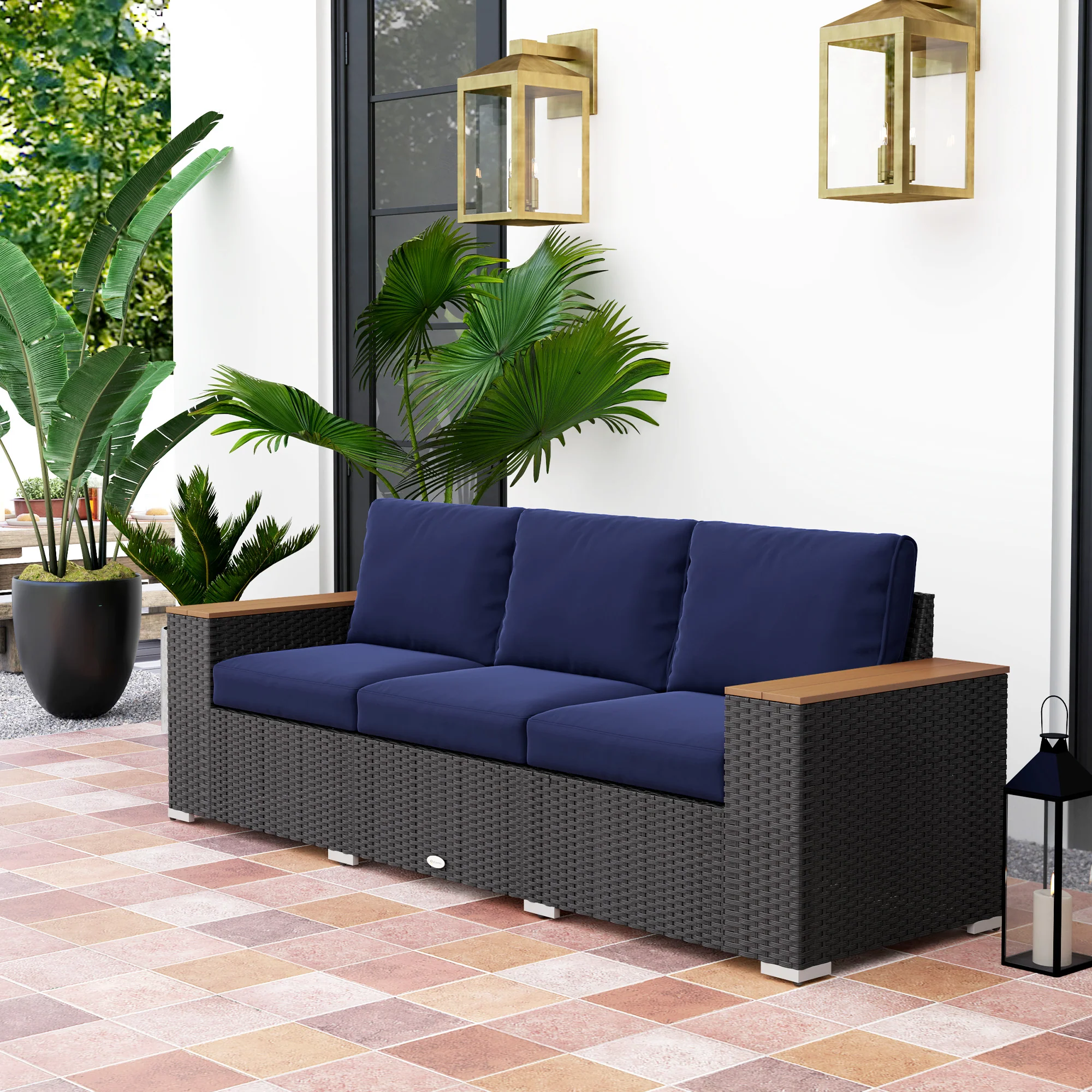 3-Seat Rattan Patio Couch with Cushions and Wood Grain Wide Armrests, Navy Blue - Image 3