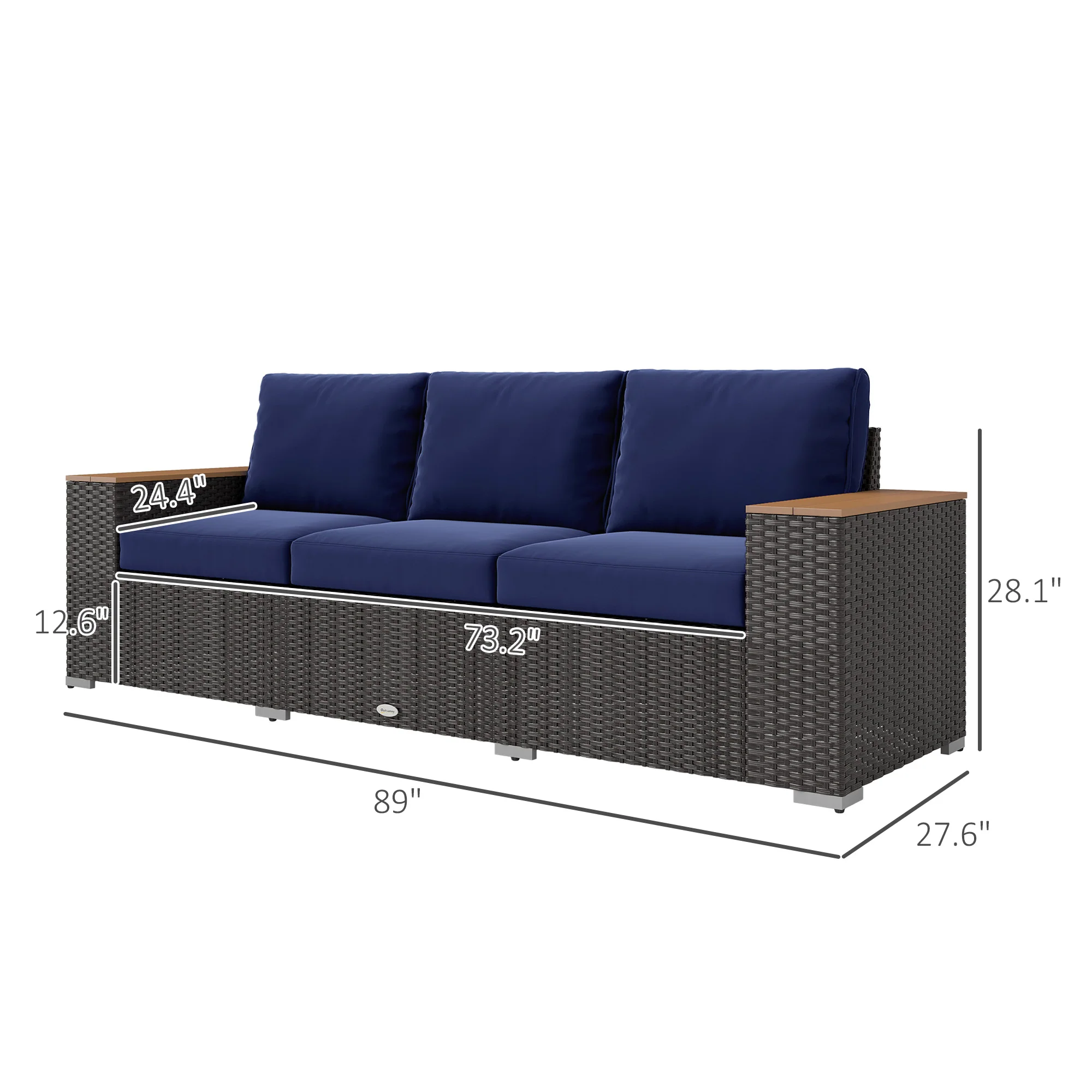 3-Seat Rattan Patio Couch with Cushions and Wood Grain Wide Armrests, Navy Blue - Image 5