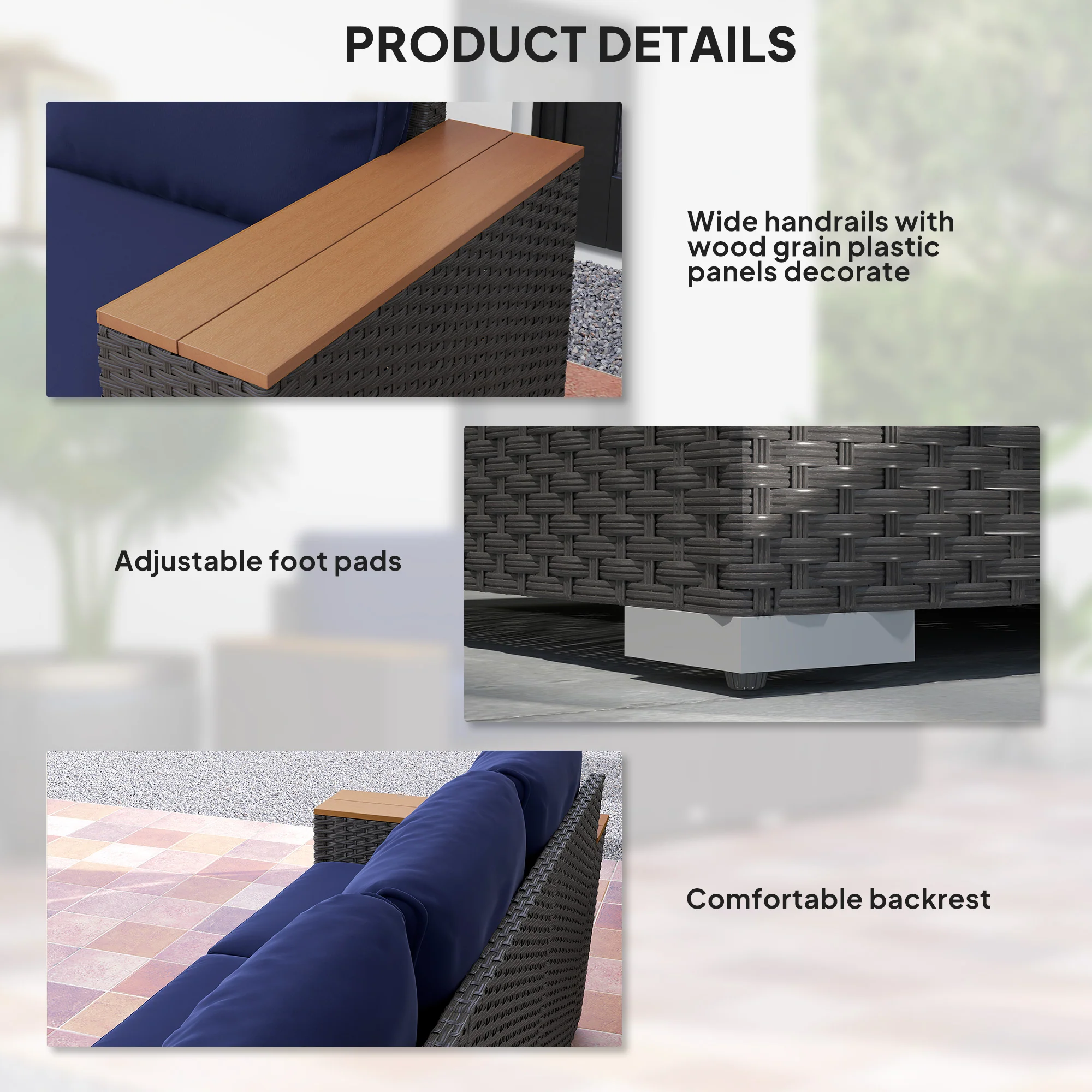 3-Seat Rattan Patio Couch with Cushions and Wood Grain Wide Armrests, Navy Blue - Image 8