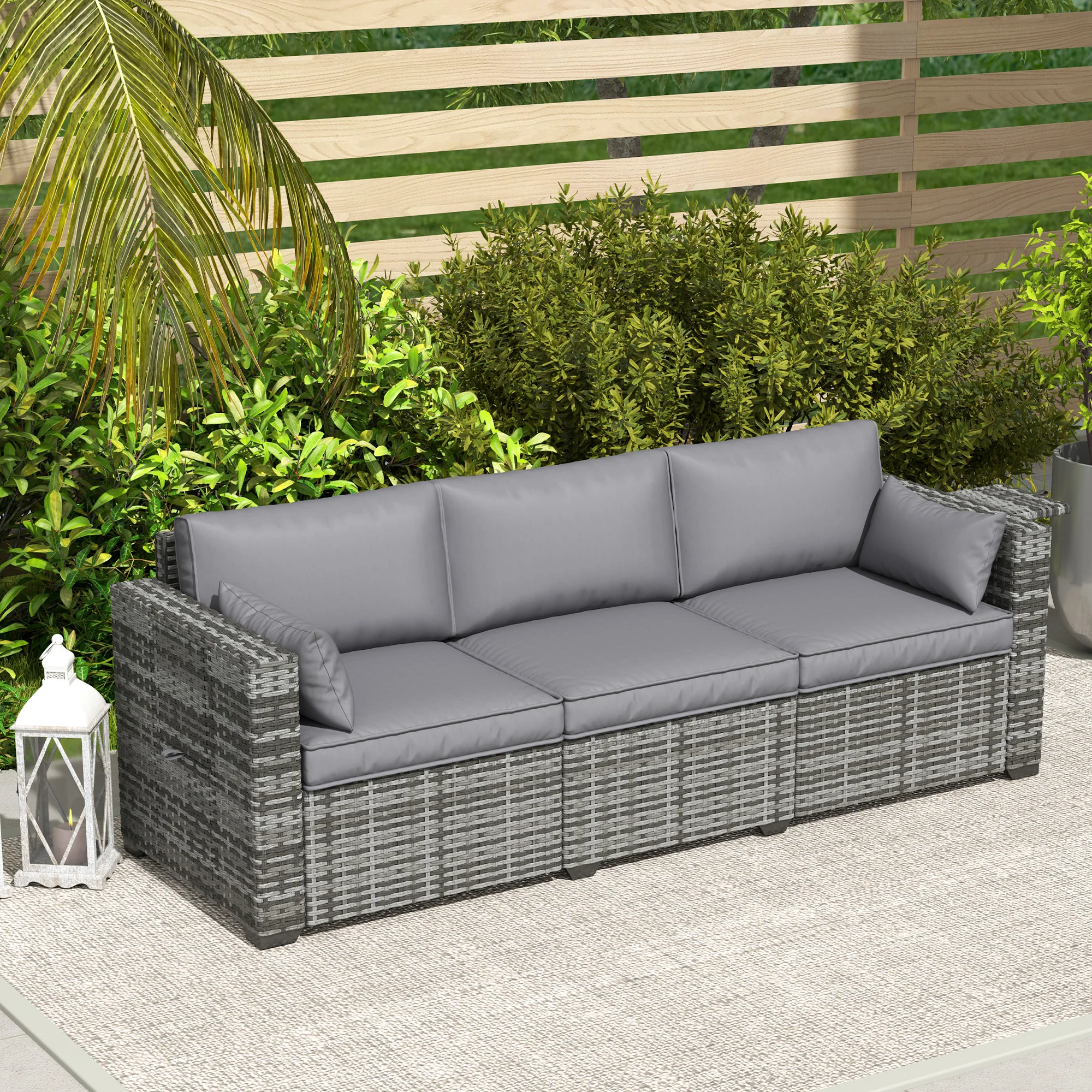 3 Seater Wicker Outdoor Sofa with Side Tray Tables, Thick Cushions, 2 Pillows, Mixed Gray - Image 10