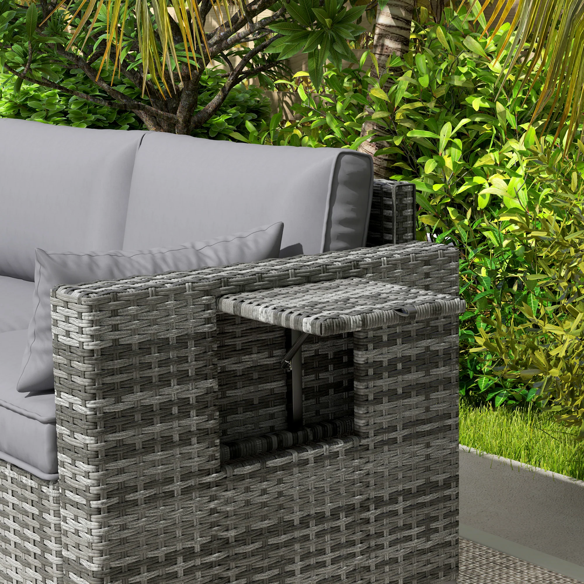 3 Seater Wicker Outdoor Sofa with Side Tray Tables, Thick Cushions, 2 Pillows, Mixed Gray - Image 11