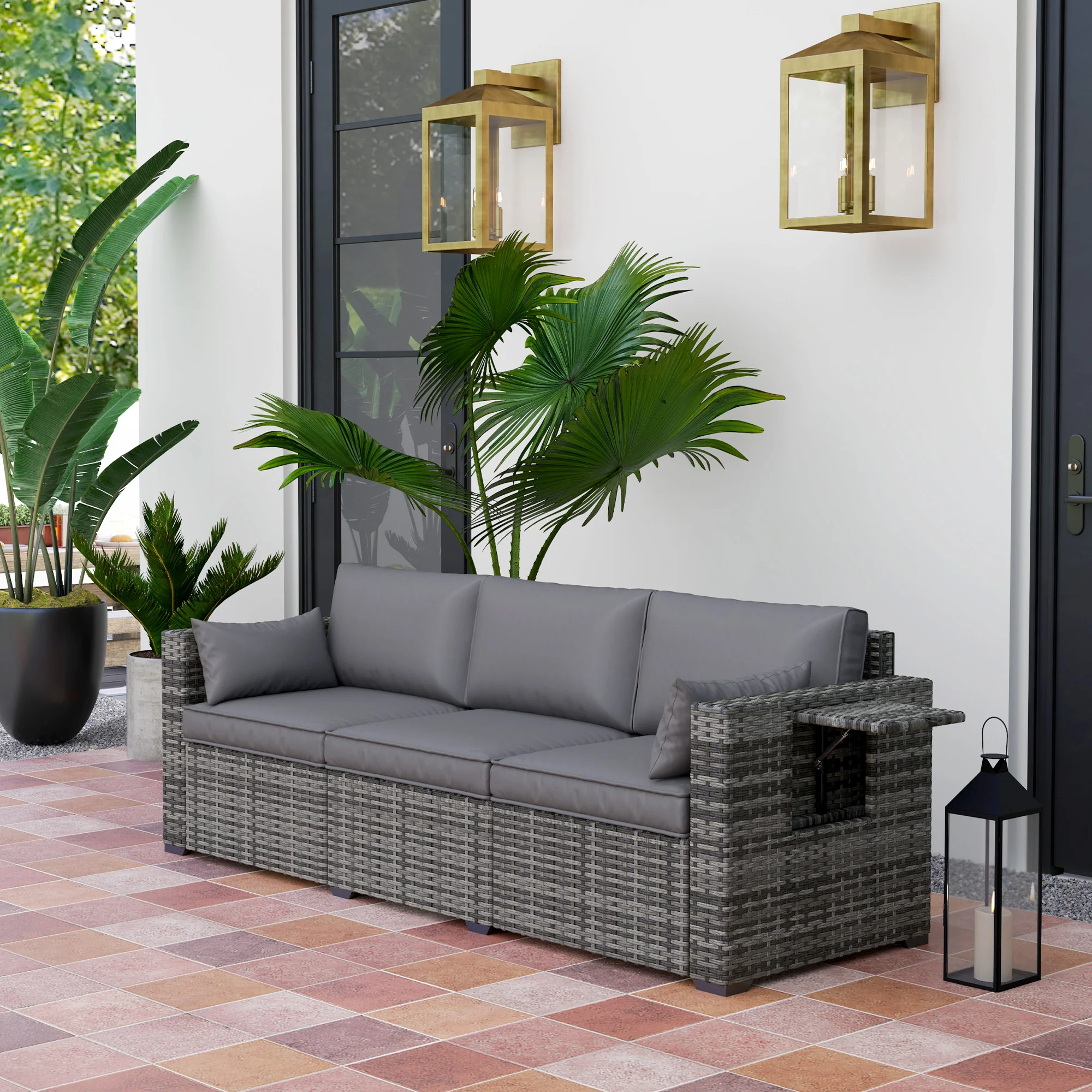 3 Seater Wicker Outdoor Sofa with Side Tray Tables, Thick Cushions, 2 Pillows, Mixed Gray - Image 3