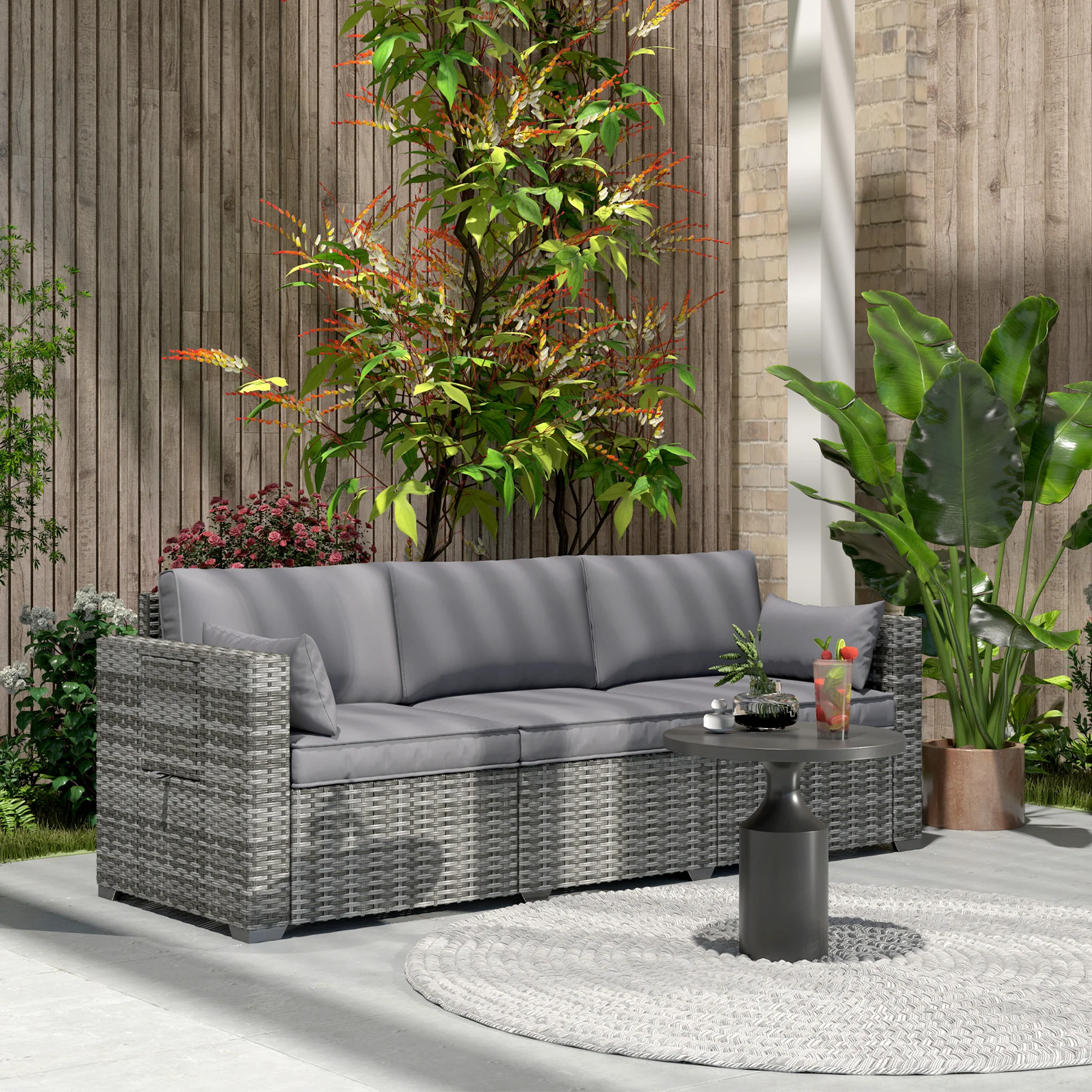 3 Seater Wicker Outdoor Sofa with Side Tray Tables, Thick Cushions, 2 Pillows, Mixed Gray - Image 4