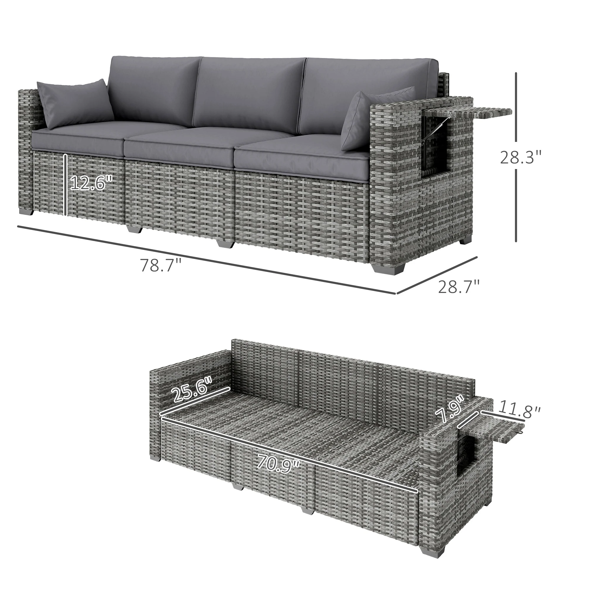 3 Seater Wicker Outdoor Sofa with Side Tray Tables, Thick Cushions, 2 Pillows, Mixed Gray - Image 5