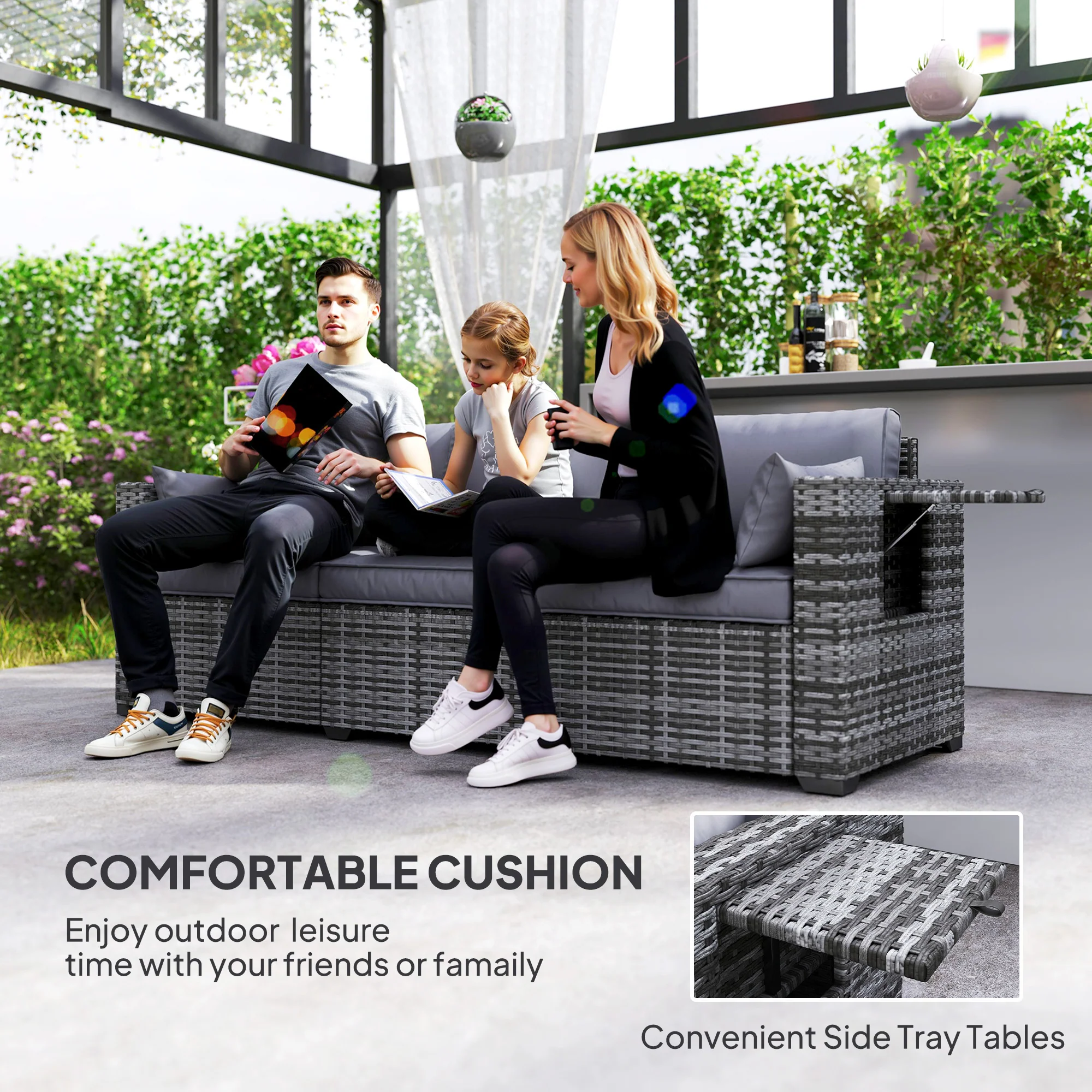 3 Seater Wicker Outdoor Sofa with Side Tray Tables, Thick Cushions, 2 Pillows, Mixed Gray - Image 6