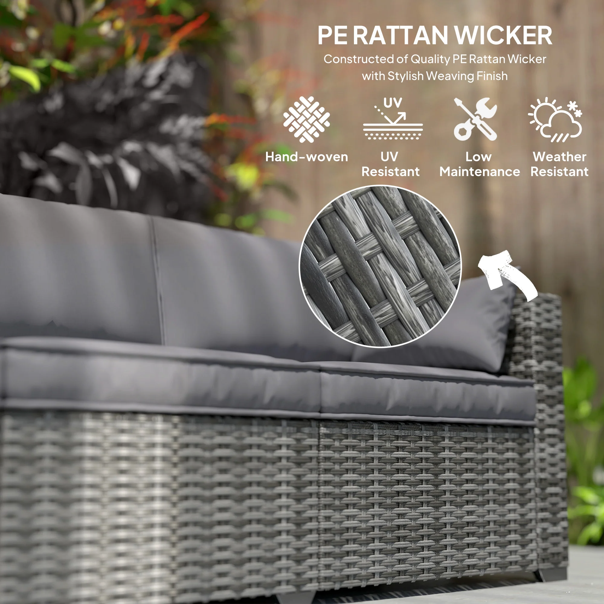 3 Seater Wicker Outdoor Sofa with Side Tray Tables, Thick Cushions, 2 Pillows, Mixed Gray - Image 7