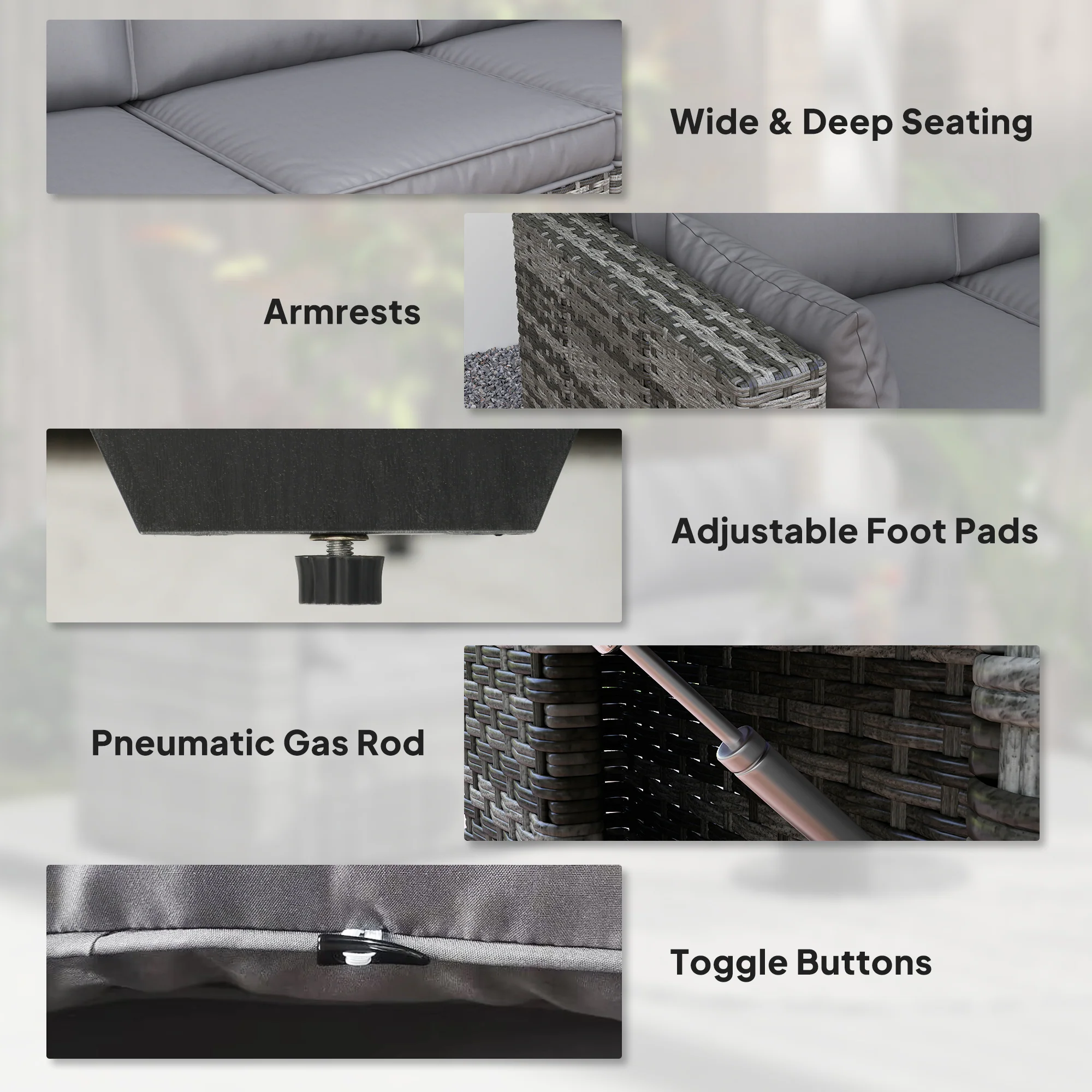 3 Seater Wicker Outdoor Sofa with Side Tray Tables, Thick Cushions, 2 Pillows, Mixed Gray - Image 9