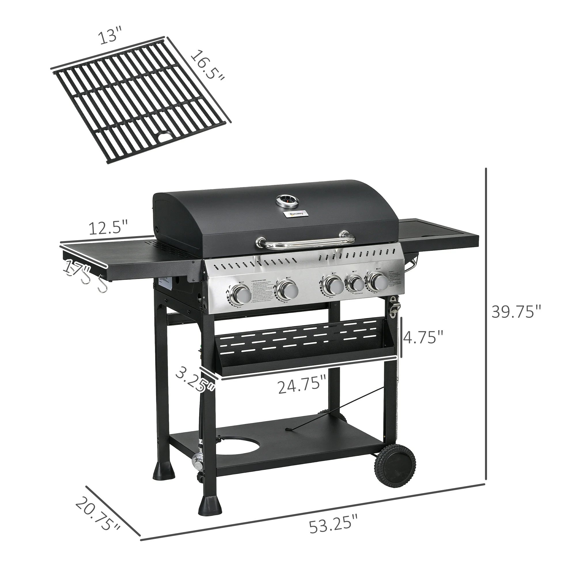 4 Burner Propane Gas Grill with Side Burner, 40,000 BTU, Shelves, Thermometer, Bottle Opener, Black - Image 5